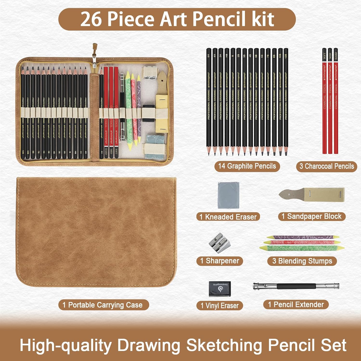 Sketching and Drawing Pencils Set 26pcs, Art Supplies Drawing pencil Kit,Graphite Charcoal Professional Pencils Set