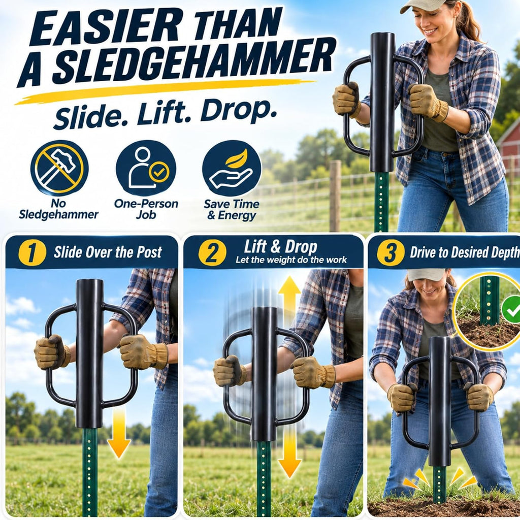 Fence Post Driver, 12 lb Manual T-Post Pounder with Dual Handles, 2.7 in