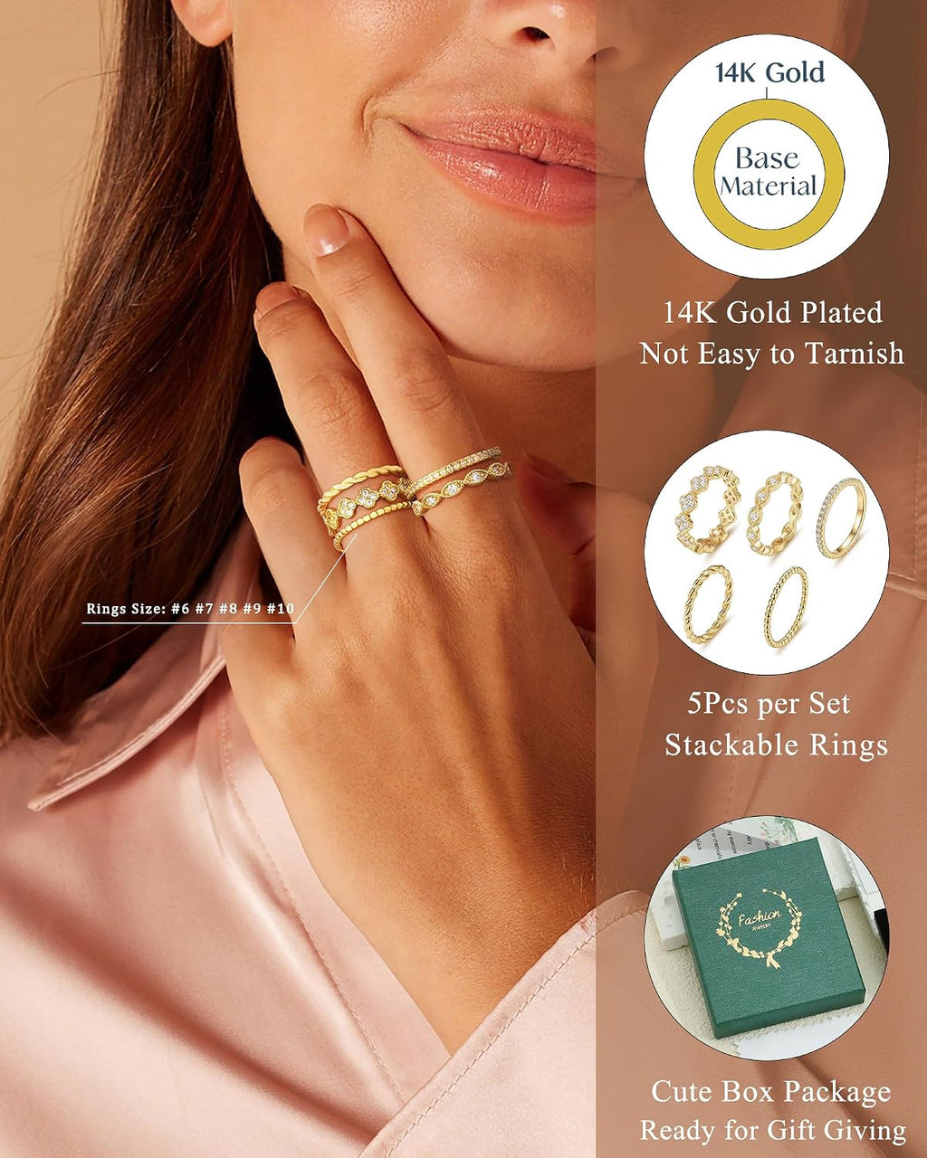 Gold Stackable Rings for Women Non Tarnish 14K Gold Plated Cubic Zirconia Stacking Chunky Eternity Band Rings Dainty