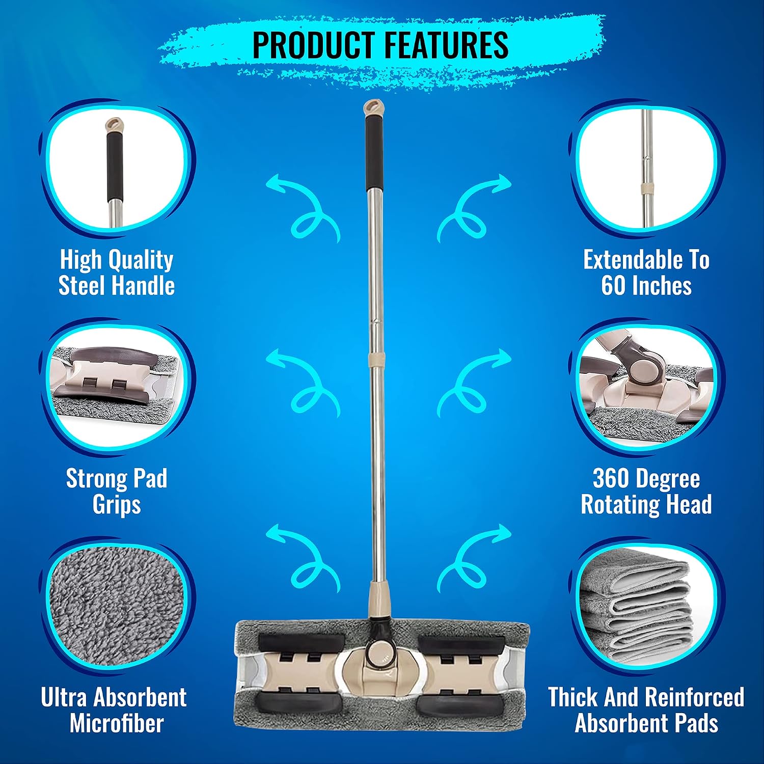 Microfiber Hardwood Floor Wet and Dry Dust Mop w/ 5 Reusable Pads, 360 Spin Mop System | Use on Wood, Tile, Laminate