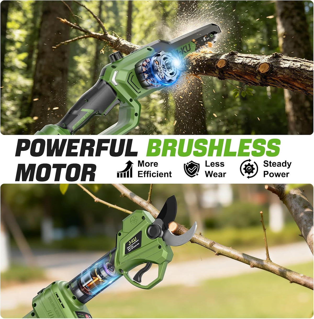 4-in-1 Electric Pole Saw & Pruning Shears Combo, 8" & 6" Mini Chainsaw with 2x4.0 Ah Batteries, 1.4in Cutting
