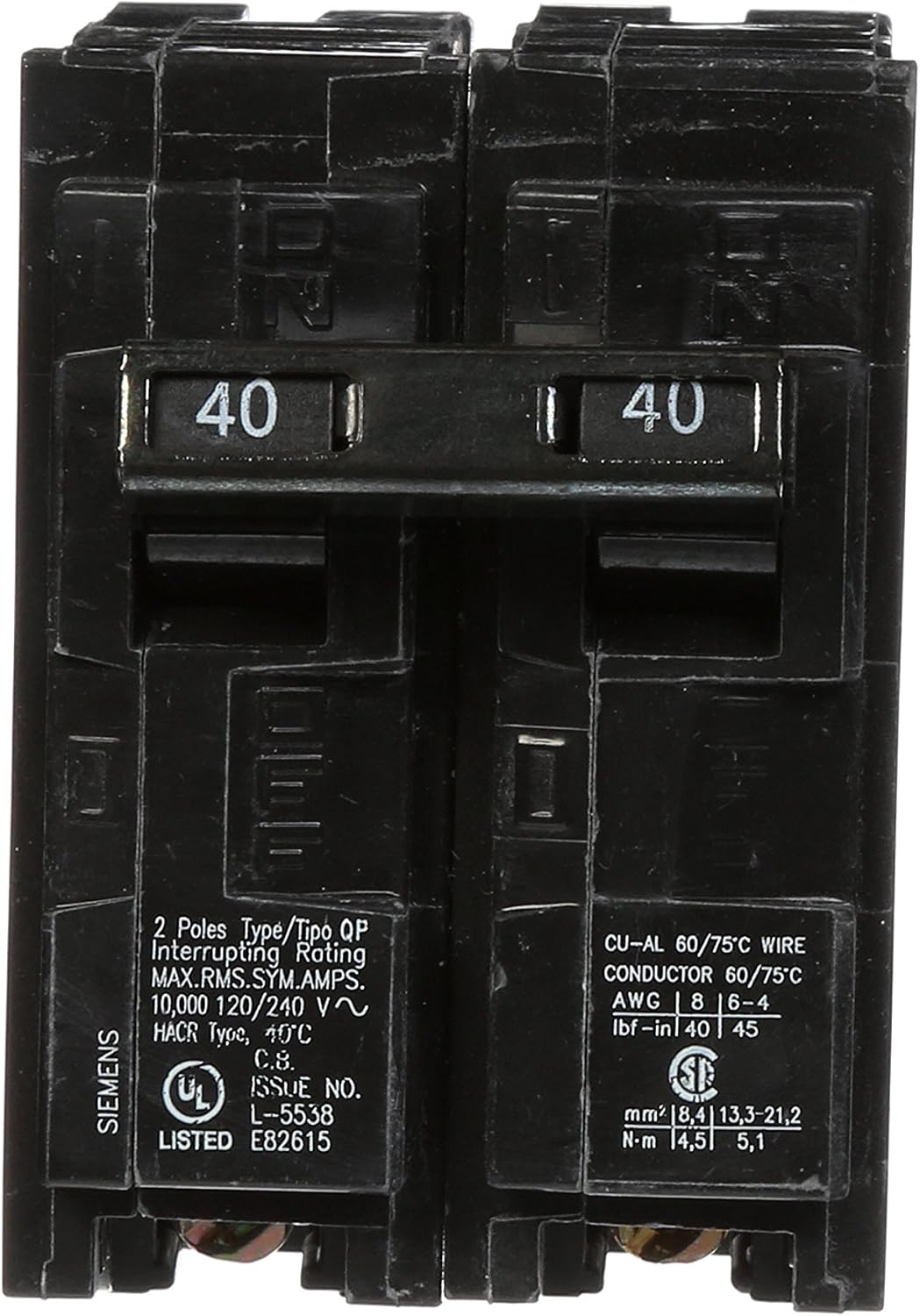 Siemens 40-Amp Double Pole and 15-Amp Single Pole Type QP Circuit Breakers, Black
