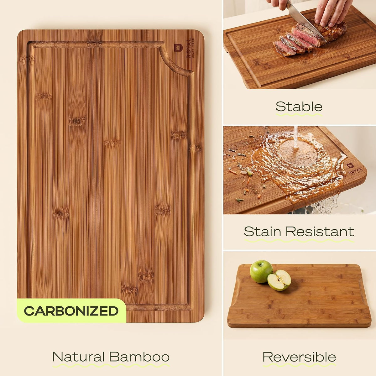 Wooden Cutting Boards for Kitchen Meal Prep & Serving - Bamboo Non Toxic Cutting Board Set with Deep Juice Groove