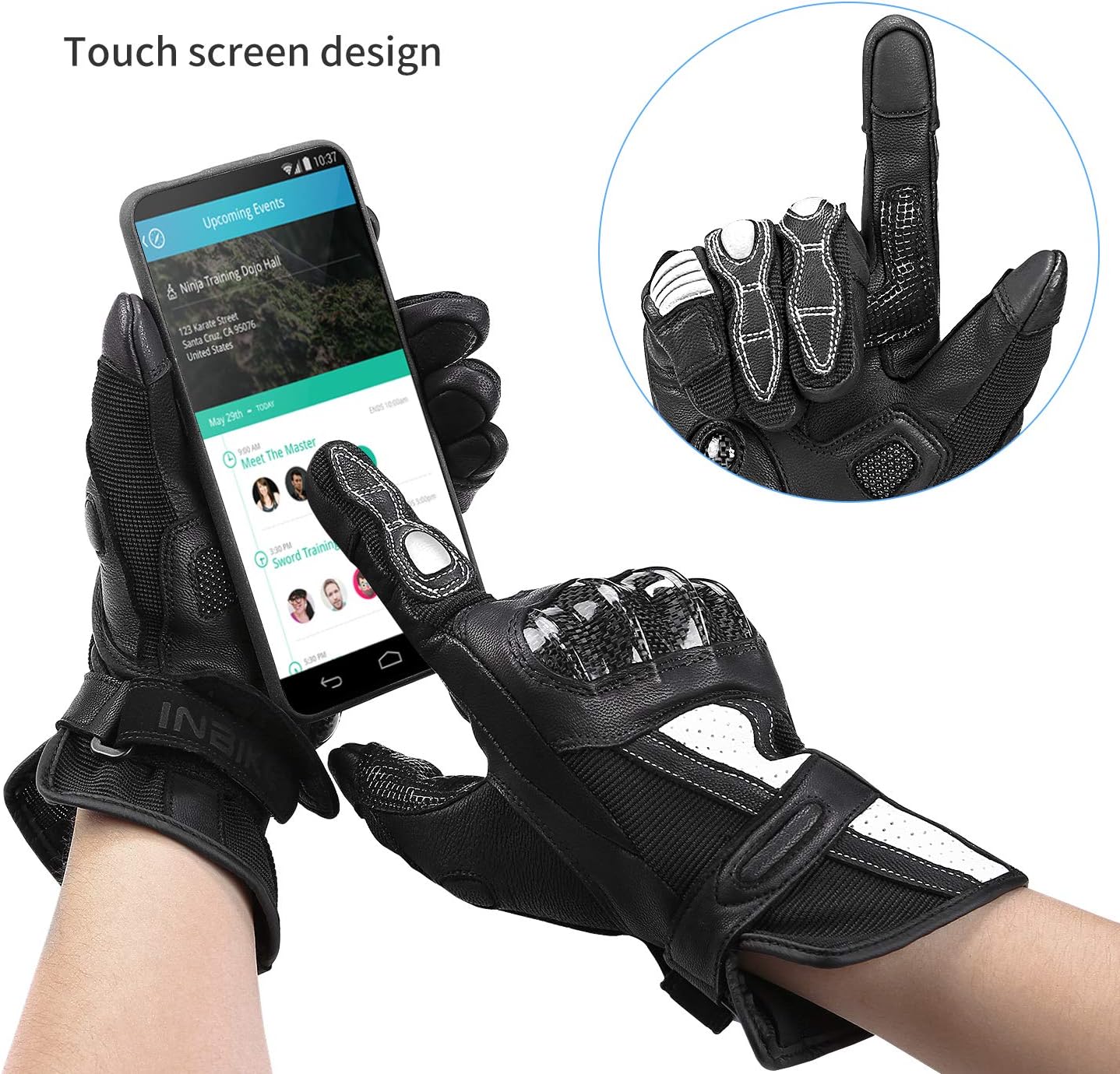 Leather Motorcycle Gloves with Carbon Fiber Hard Knuckle Touch Screen for Women Black Medium