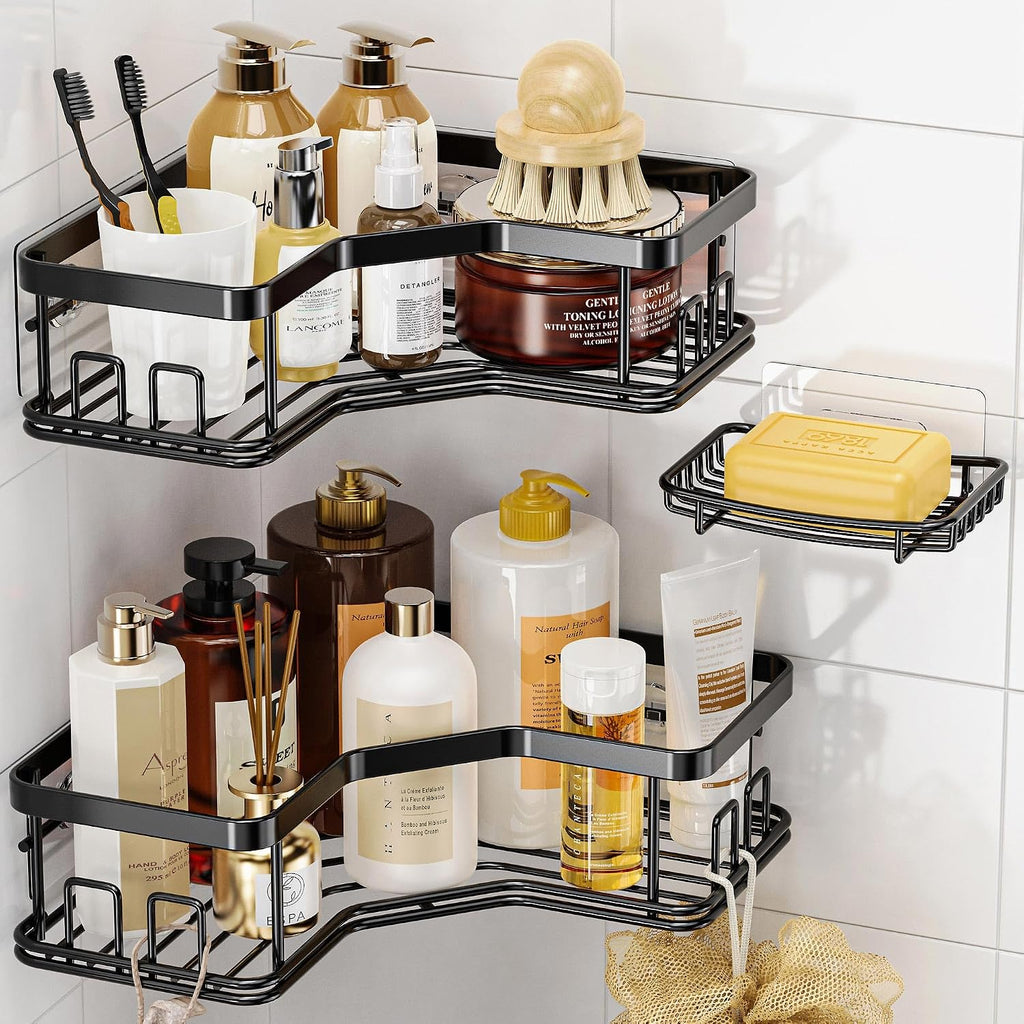 3 Pack Corner Shower Caddy with Soap Holder, Large Capacity Sturdy Easy Install No Drilling Stainless Steel Hold 40