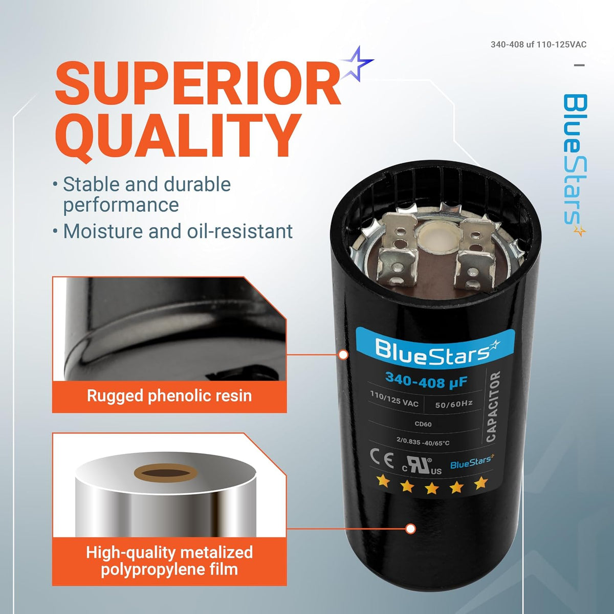 [2025 Upgraded] BlueStars 340-408 uF MFD 110-125VAC Motor Start Capacitor