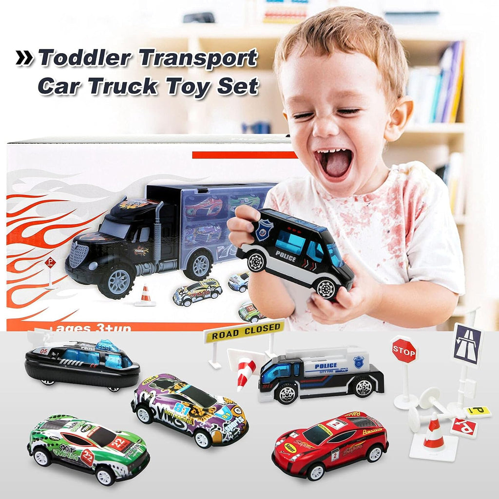 Toddler Toys for 3-4 Year Old Boys,Large Transport Cars Carrier Set Truck Toys with 12 Die cast Vehicles Truck Toys