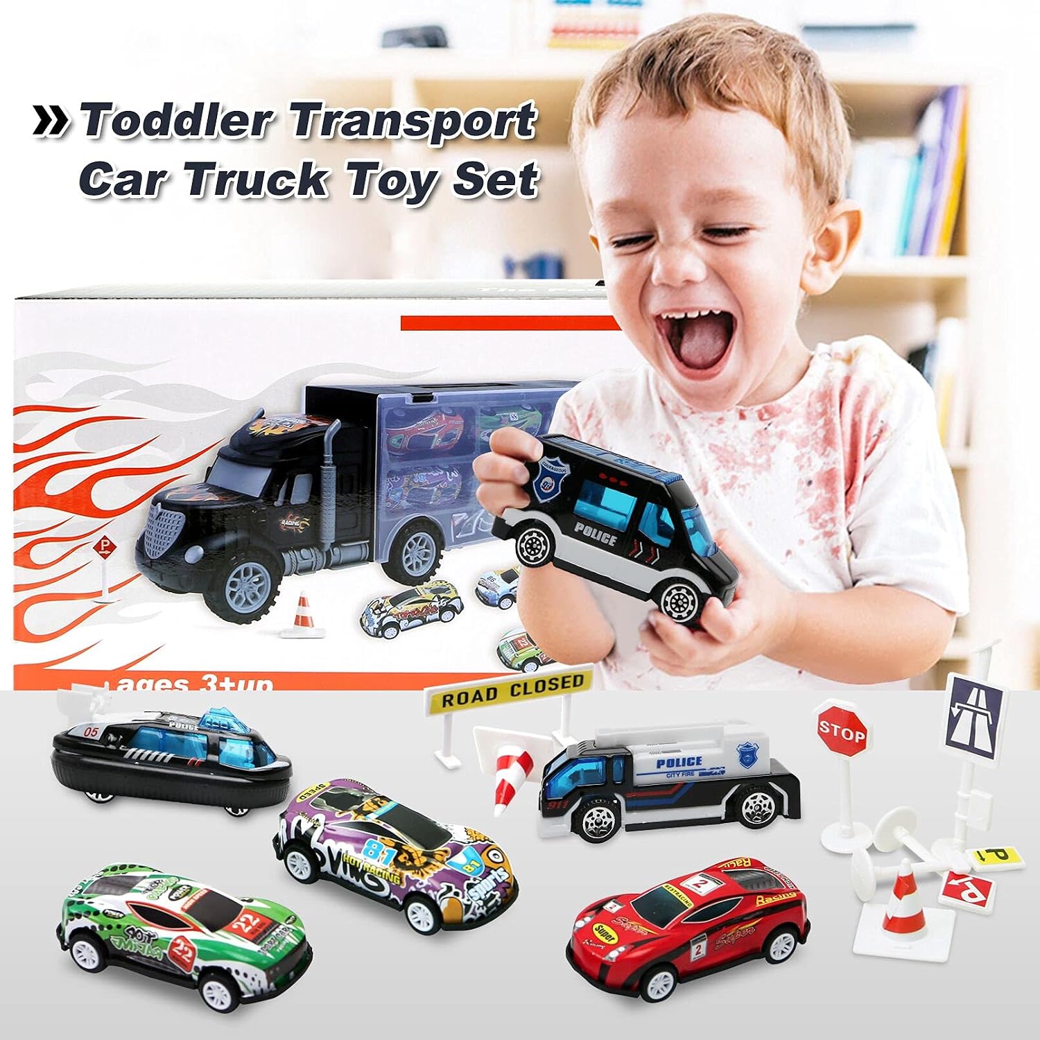 Toddler Toys for 3-4 Year Old Boys,Large Transport Cars Carrier Set Truck Toys with 12 Die cast Vehicles Truck Toys