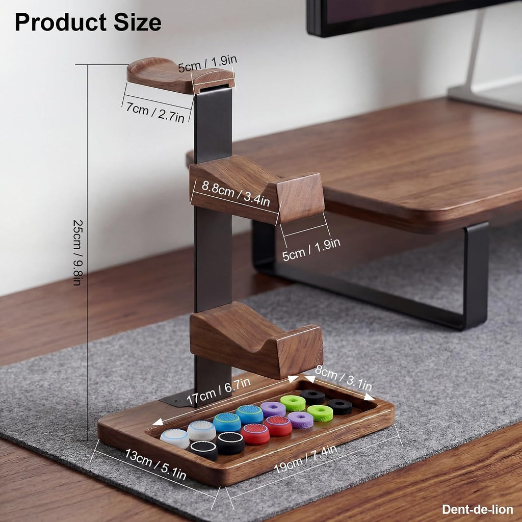 2-in-1 Solid Wood Headset Stand with Dual Game Controller Holder | Gaming Headphone Stand with Storage Base, 6
