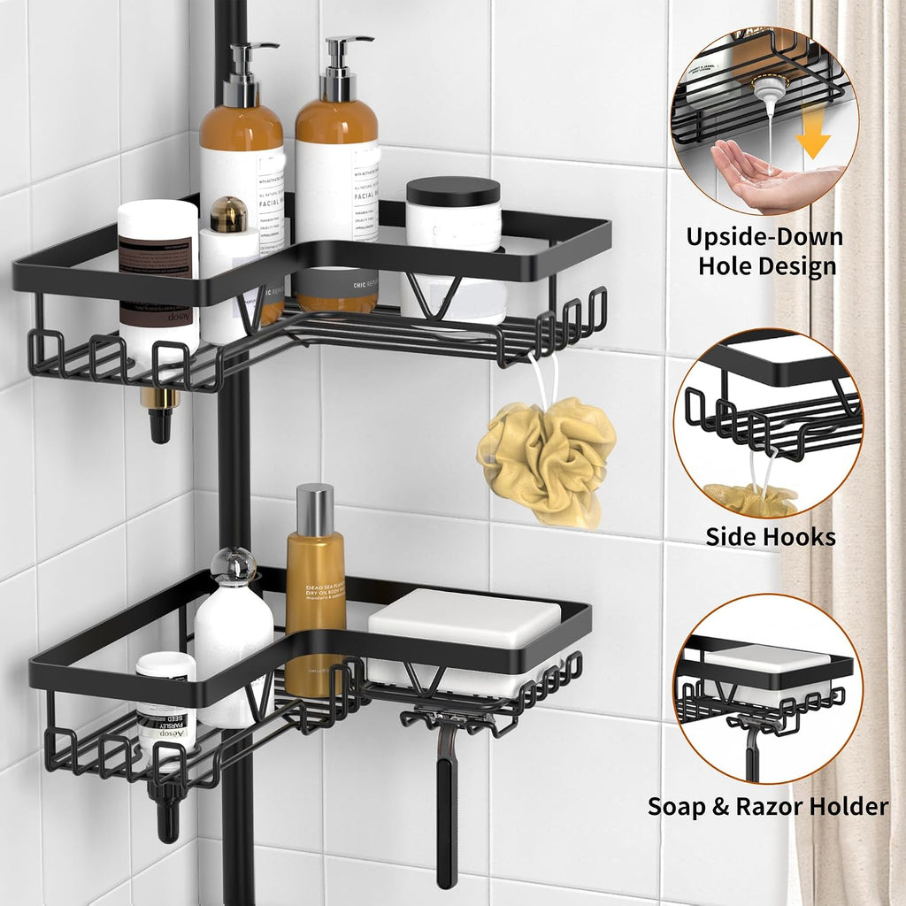 Corner Shower Caddy Tension Pole, Large Capacity Bathroom Organizer | 28 Hooks with Soap and Razor Holders, Heavy