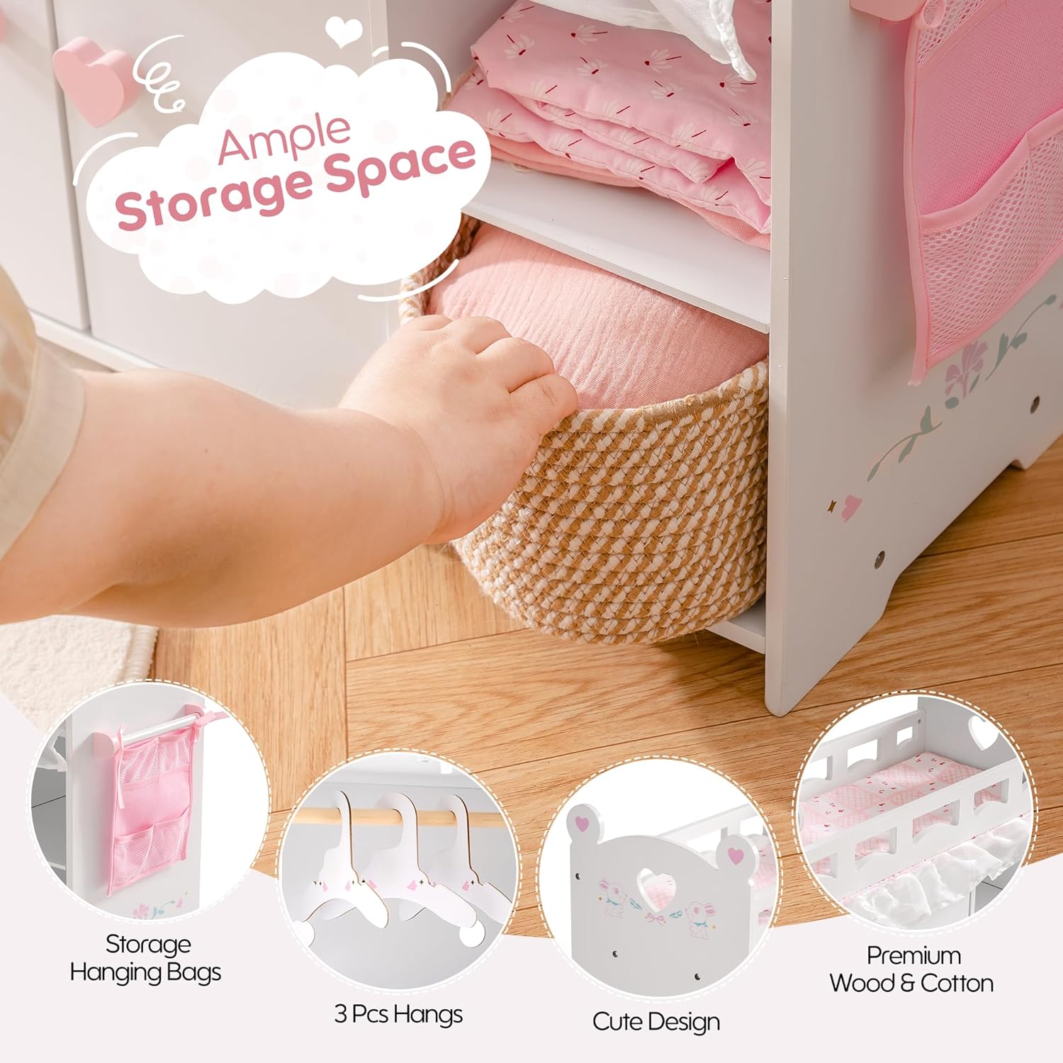 Baby Doll Crib – Wooden Baby Doll Changing Table with Storage – Bedding & Hooks, Fits 18-21" Dolls, Doll Bed Playset