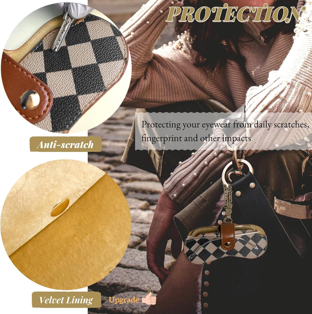 Eyewear Clutch Glasses Case with Clip Soft Leather Sunglasses Bag | Leopard, Plaid, Ultra slim for purse, Portable