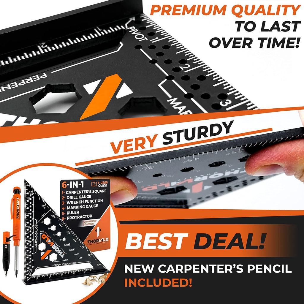 6-in-1 Carpenter Square 7 inch (1/16" Precision) T Square Multi-Purpose Carpenter Tools : Wrench, Square, Protractor