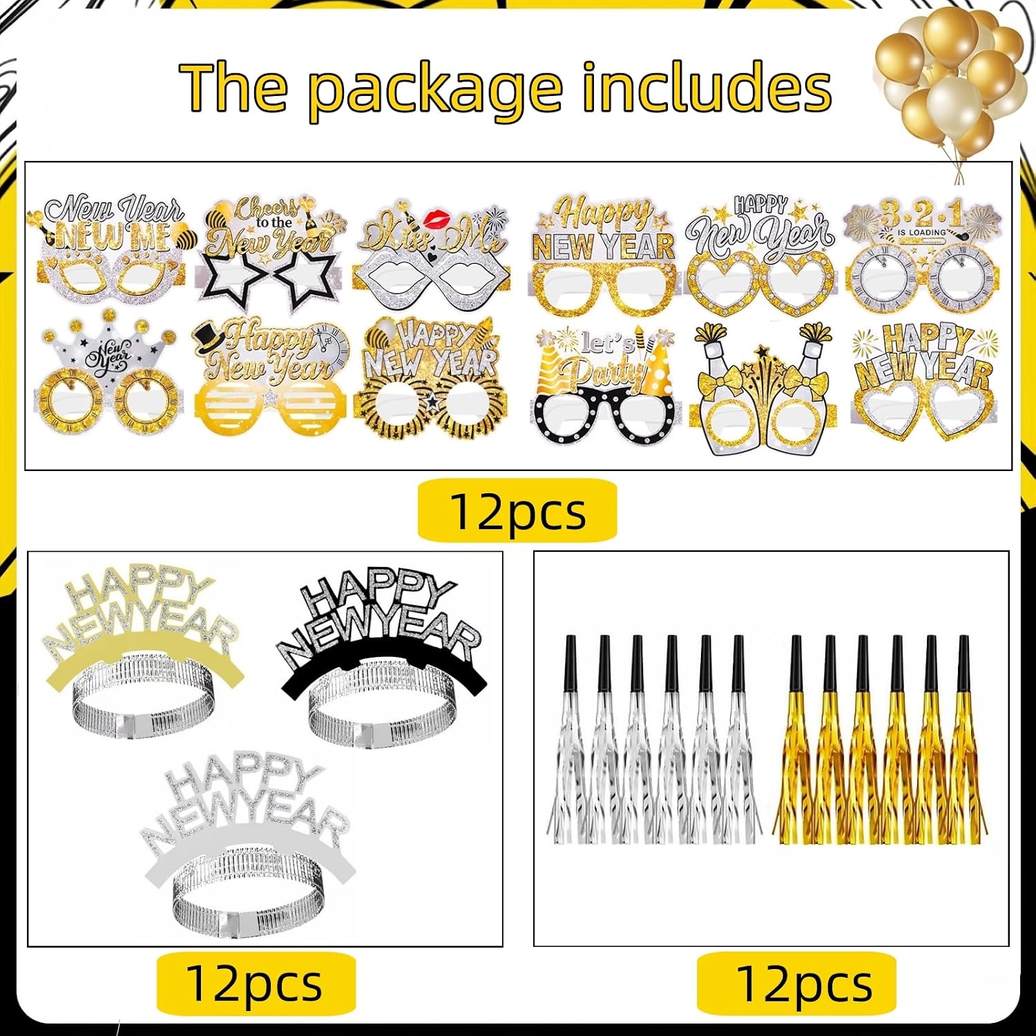 36 Pieces New Years Eve Party Supplies 2026 Happy New Year Decorations Include 12 Headband Tiaras 12 Noise Makers and