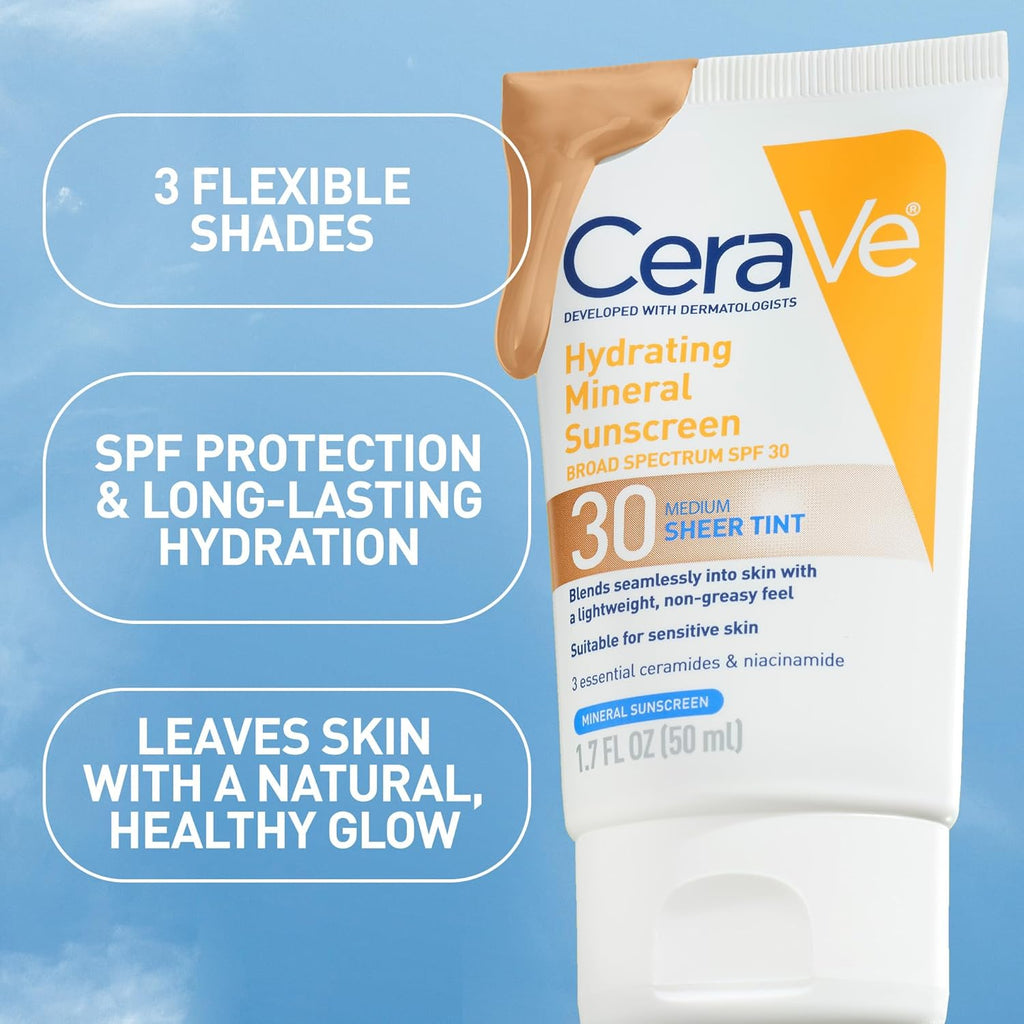 Hydrating Mineral Sunscreen SPF 30 with Sheer Tint, Tinted Mineral Sunscreen with Zinc Oxide & Titanium Dioxide