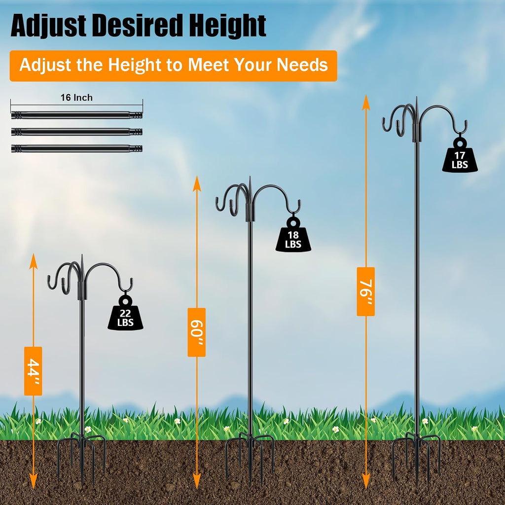 Heavy Duty Shepherds Hook 76" Triple Hooks - Metal 5-Prong Base, Adjustable (44/60/76") - 17lb Capacity Bird Feeder