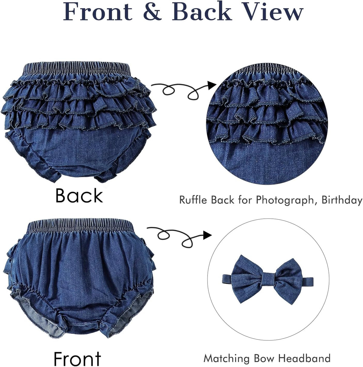 Baby Girl Denim Bloomers Ruffle Diaper Cover Shorts Headband 6M-3T