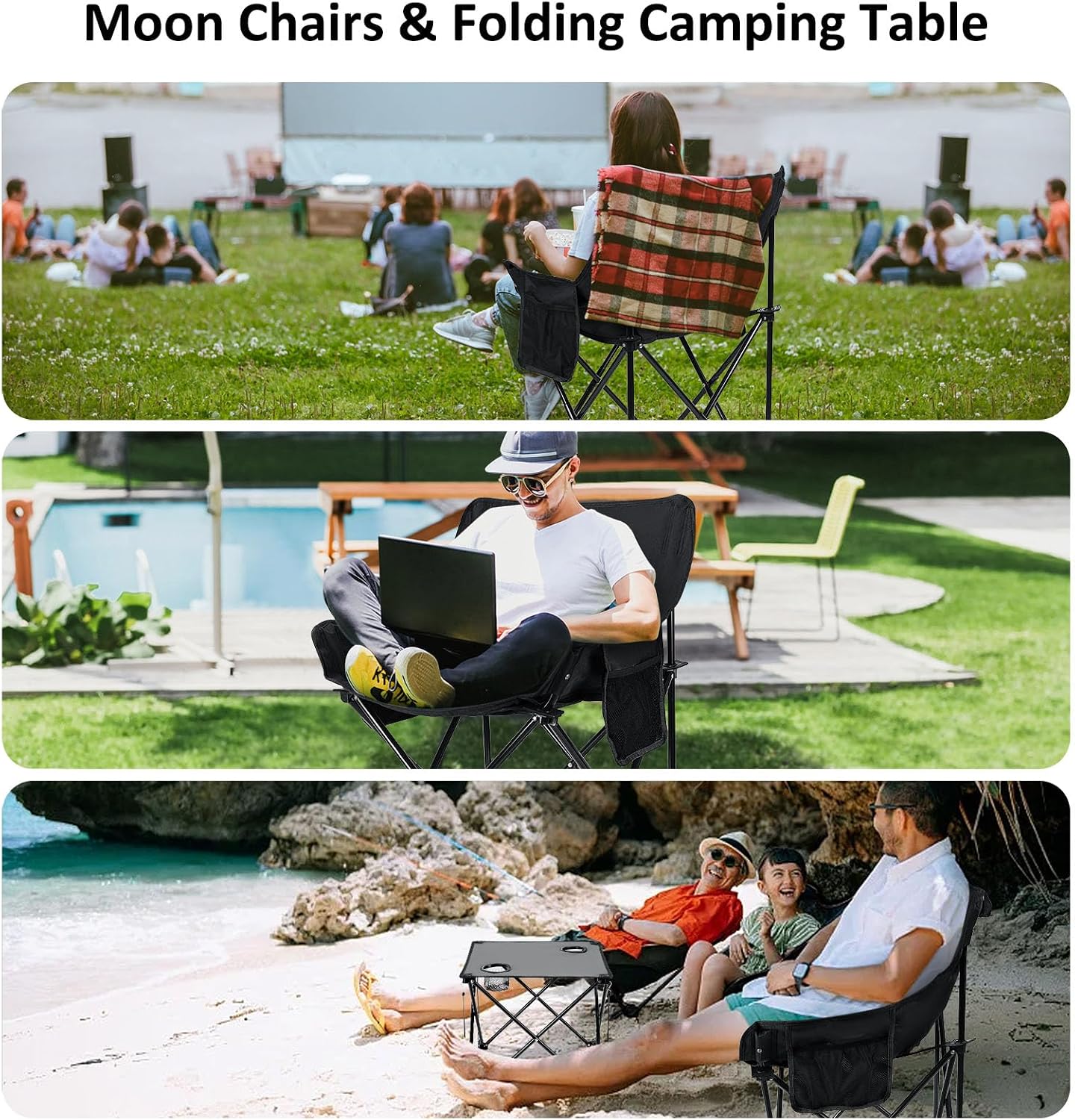 Camping Chairs for Adults, 2 Pack Folding Lawn Chair & Table, Black | Oversized & Portable Beach Chair for Outdoor