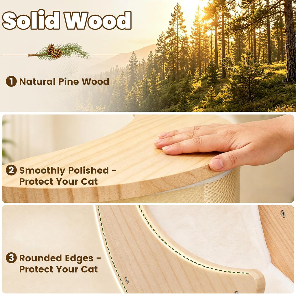 Cat Window Perch & Hammock, Heavy Duty Solid Wood Window Cat Bed with Soft Liner, Suction Cup Moon Seat for Inside