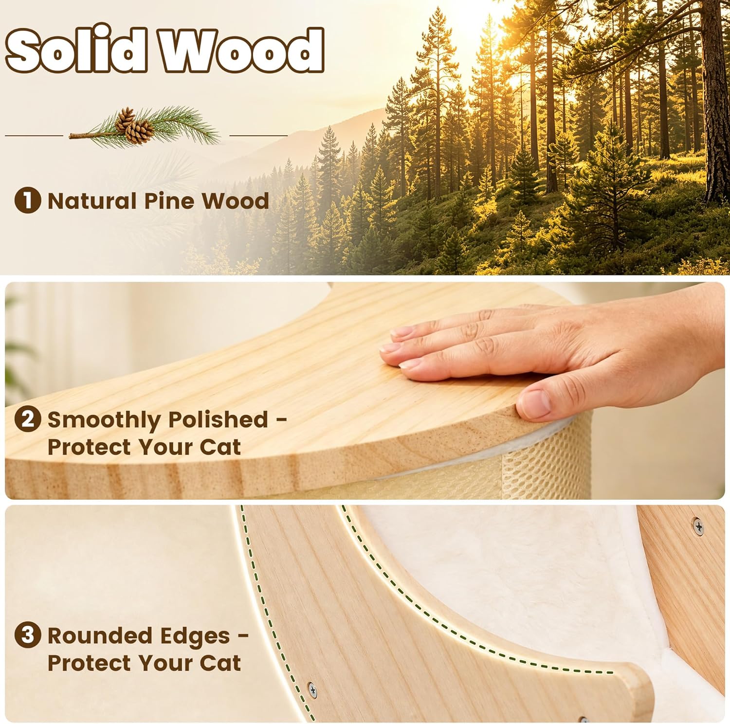 Cat Window Perch & Hammock, Heavy Duty Solid Wood Window Cat Bed with Soft Liner, Suction Cup Moon Seat for Inside