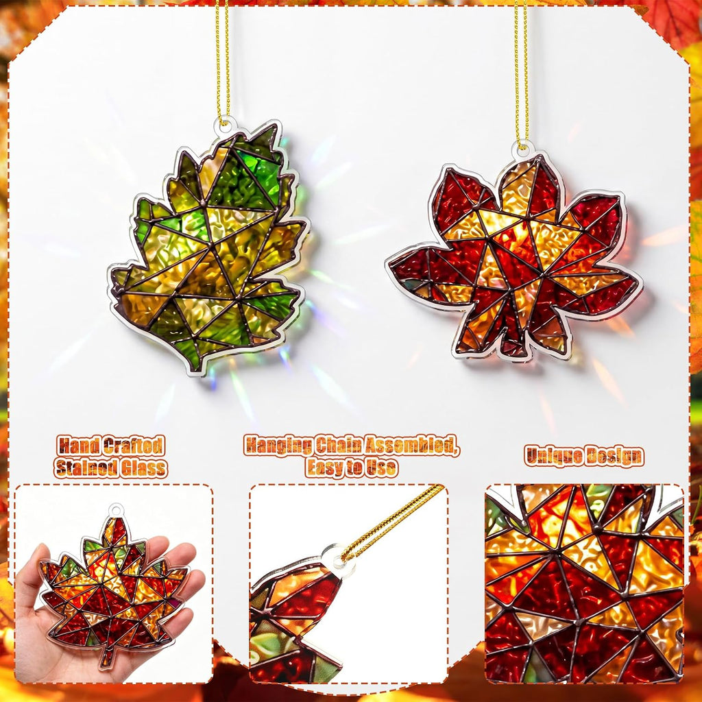 6 Pcs Fall Window Decor Acrylic Maple Leaf Suncatcher Tree Ornaments Stained Glass Style Waterproof Fall Decoration