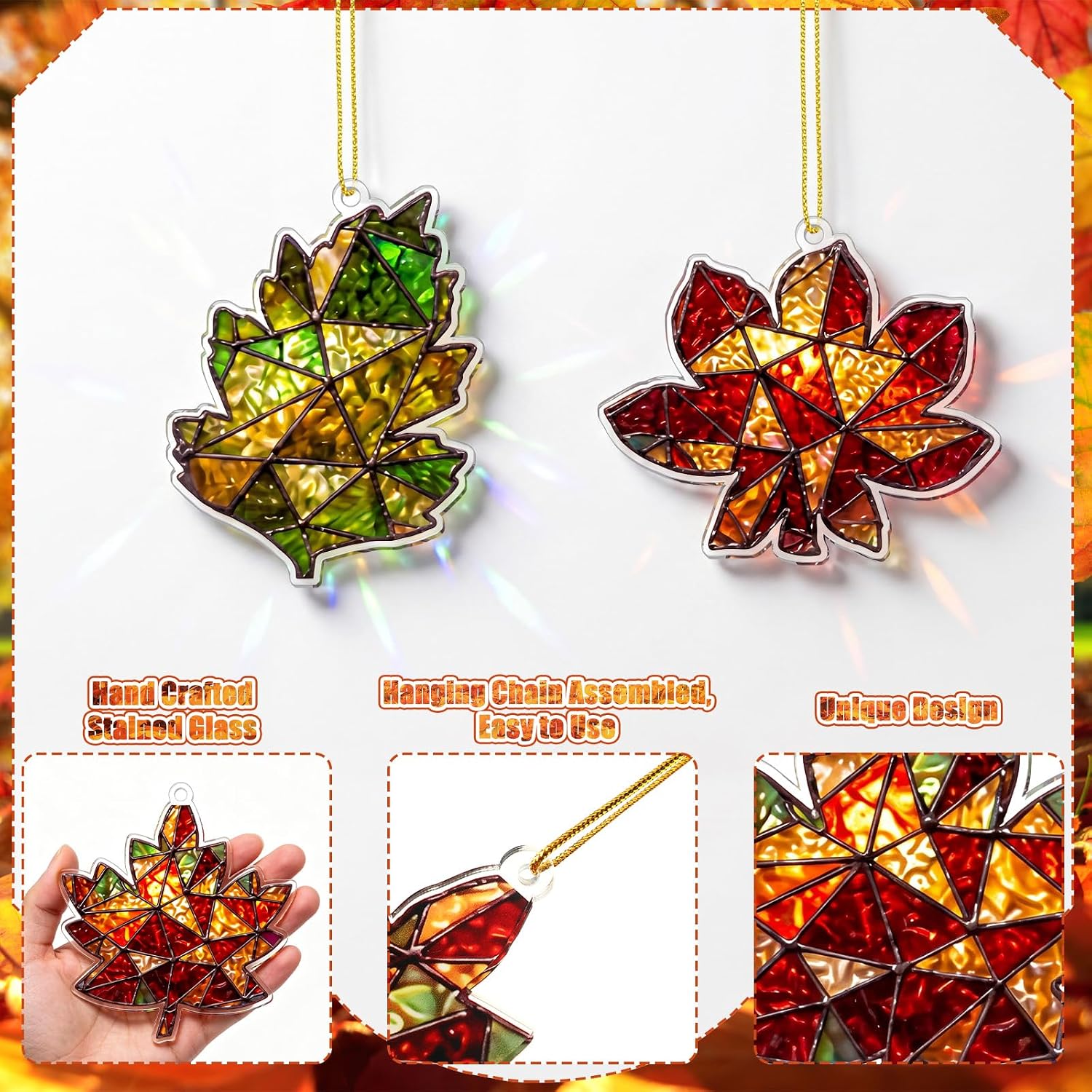 6 Pcs Fall Window Decor Acrylic Maple Leaf Suncatcher Tree Ornaments Stained Glass Style Waterproof Fall Decoration
