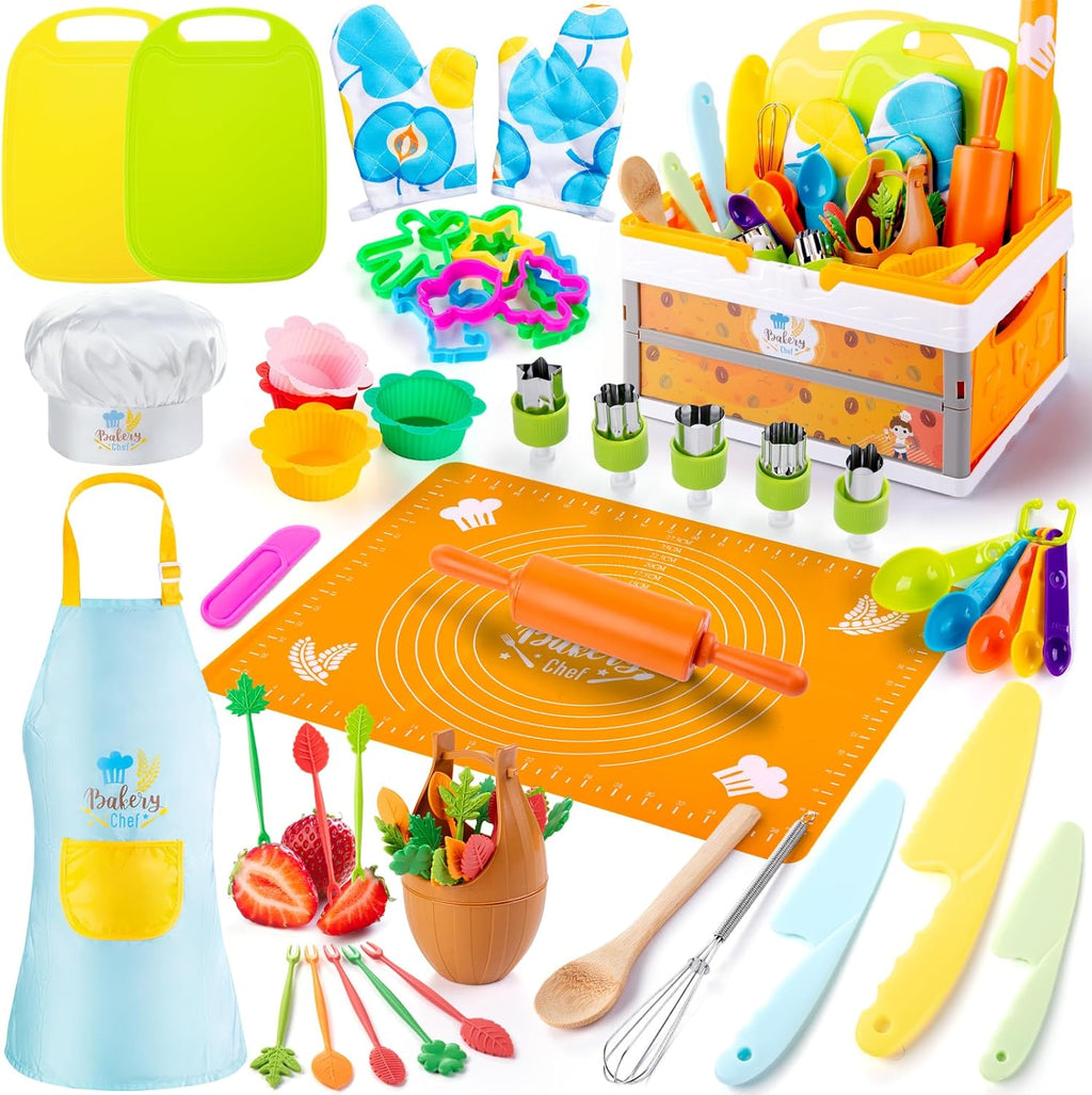 52 PCS Kids Cooking Sets, Montessori Pretend Play Kitchen Toys for Real Cooking Baking, Toddler Knife Set with Chef