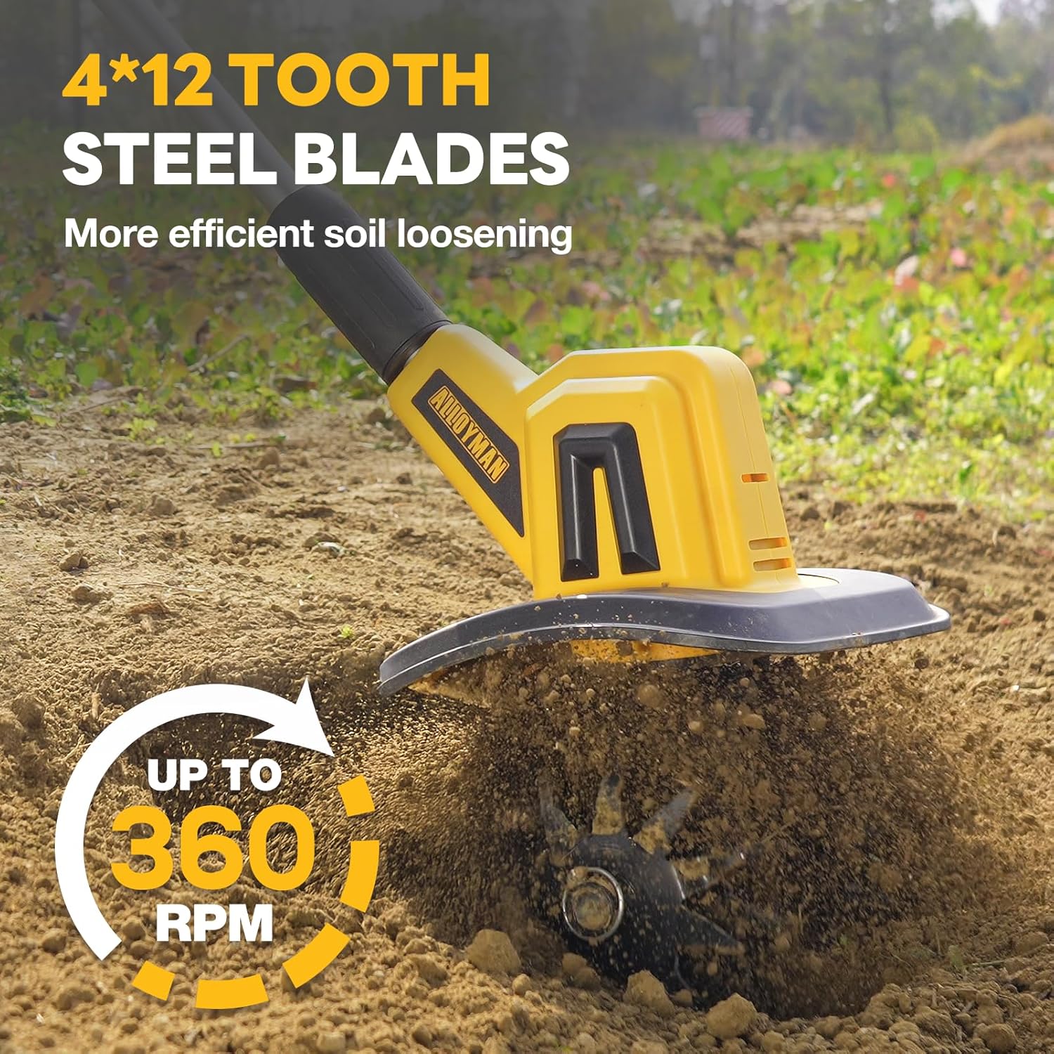20V Cordless Tiller Cultivator, 360RPM Electric Garden Tiller, with 2 * 4.0Ah Batteries & Charger, 9In Tilling Width