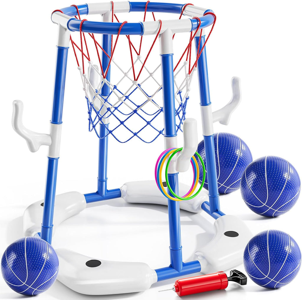 Pool Basketball Hoop, 2-in-1 Floating Pool Toys Ring Game with 4 Balls and Pump, Outdoor Swimming Pool Basketball