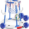 Pool Basketball Hoop, 2-in-1 Floating Pool Toys Ring Game with 4 Balls and Pump, Outdoor Swimming Pool Basketball