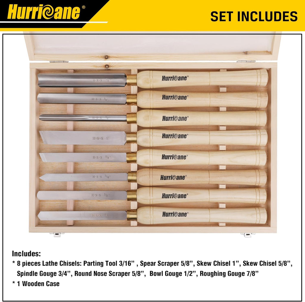 8pc Wood Lathe Chisel Set, M2 HSS Wood Turning Tools with 10" Solid Hardwood Handles, Lathe Tool Kit for Beginners