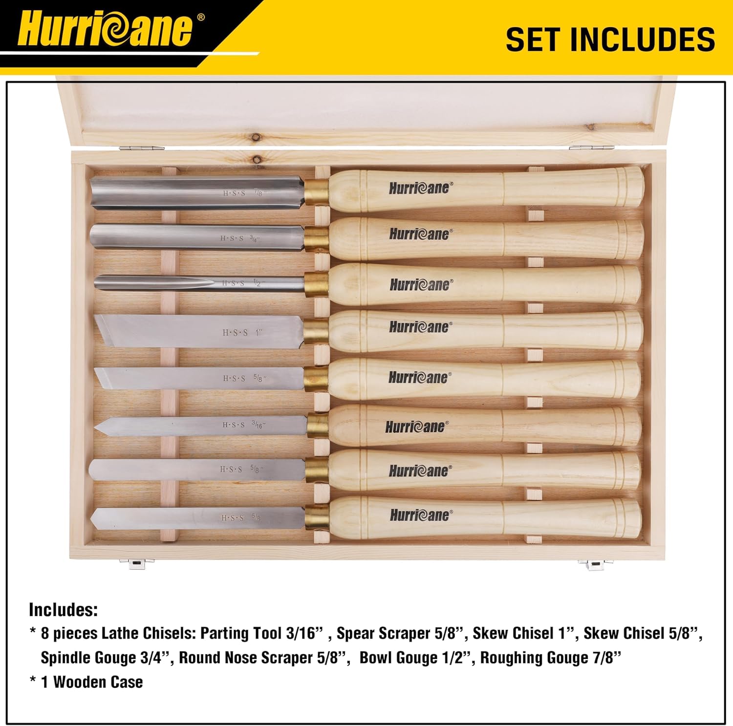8pc Wood Lathe Chisel Set, M2 HSS Wood Turning Tools with 10" Solid Hardwood Handles, Lathe Tool Kit for Beginners