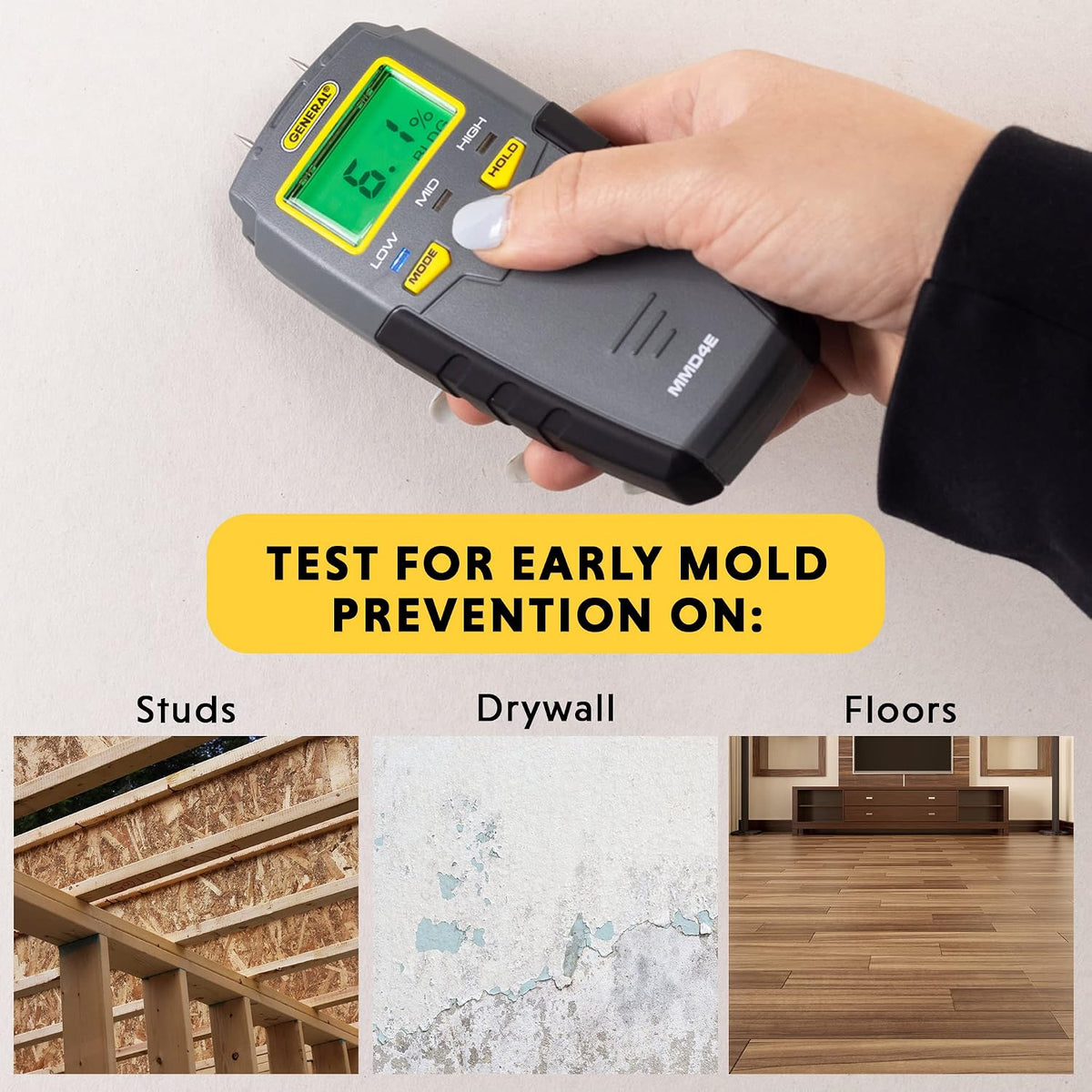 MMD4E Moisture Meter for Wood, Walls & Water Leak Detection | Pinless wood moisture meter for drywall & walls.