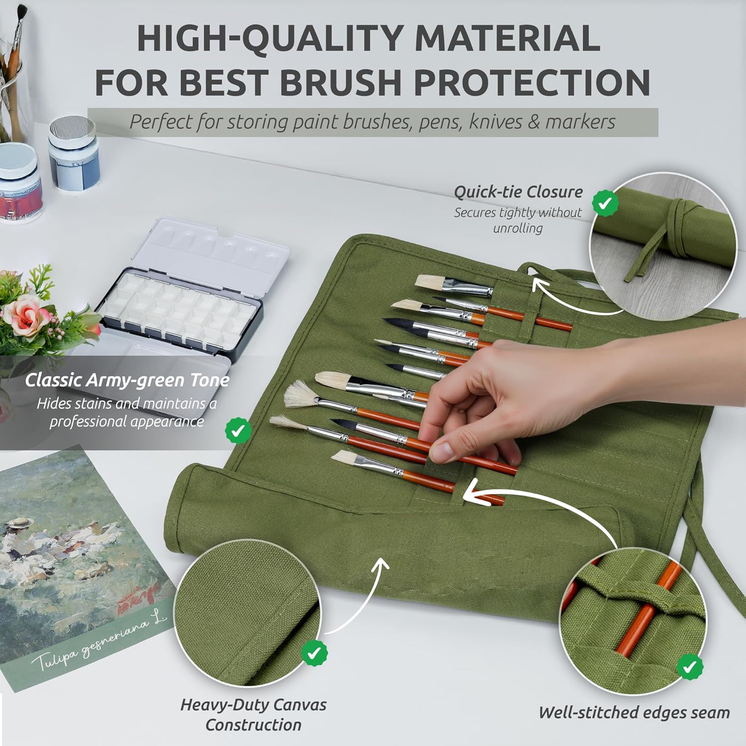 30-Slot Roll-Up Paint Brush Holder, Premium Canvas Brush Organizer for Artists, Washable Travel Brush Case for