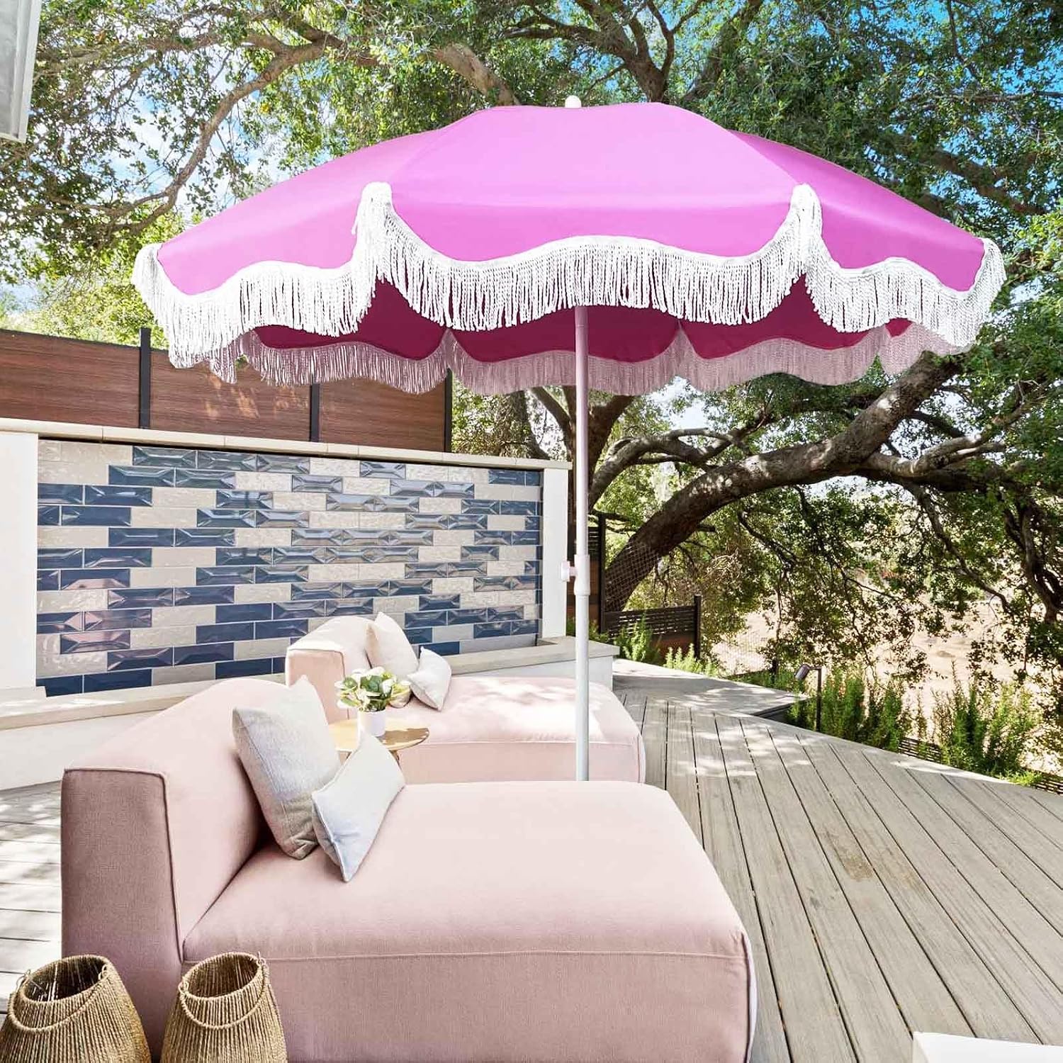 Waterproof Boho Patio Umbrella with Tassels UPF 50+ Table Umbrellas for Outside 6.56ft Sun Umbrella Beach W/Tilt