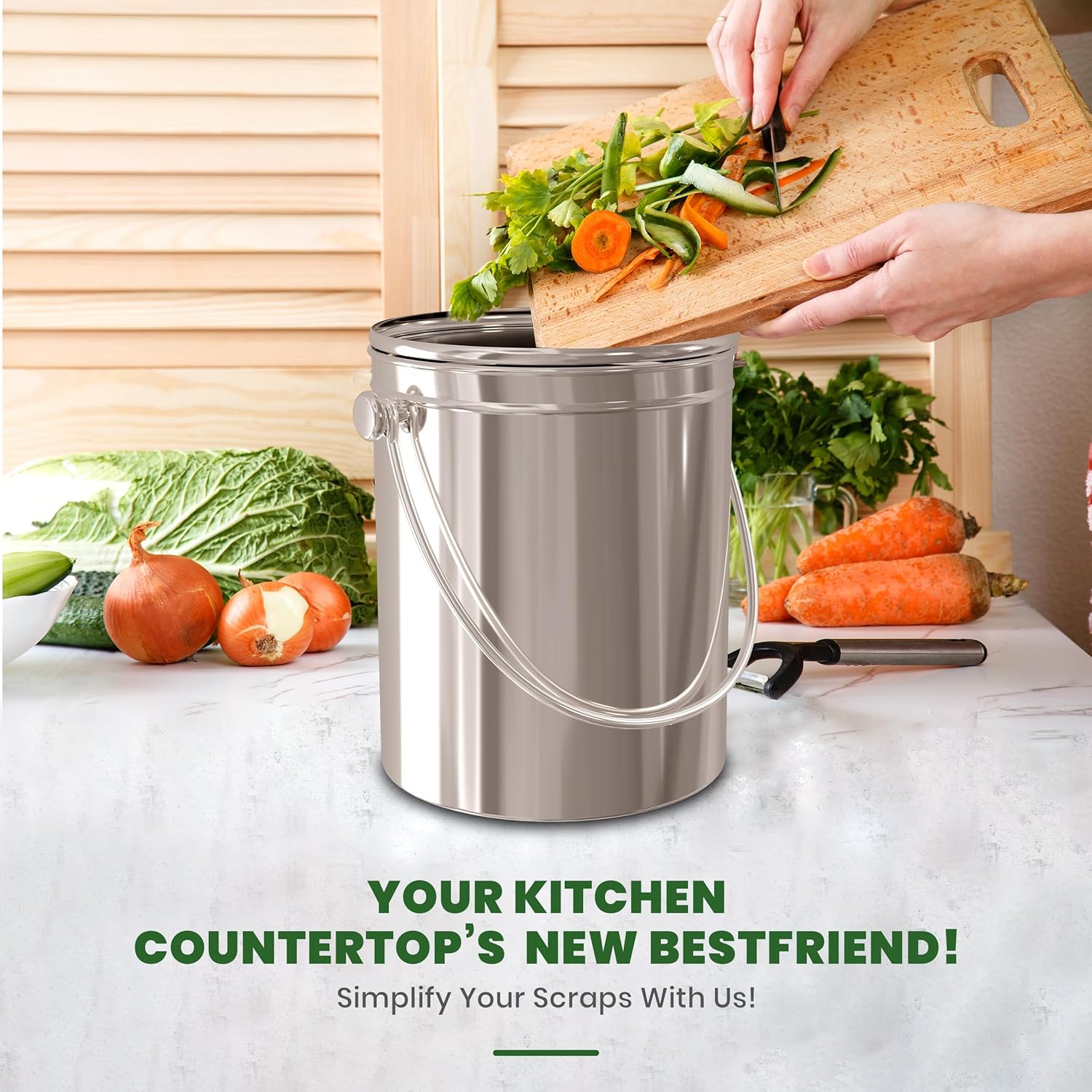 Countertop Compost Bin 1.3 Gallon, Stainless Steel, Silver | Odorless countertop compost bin with charcoal filter