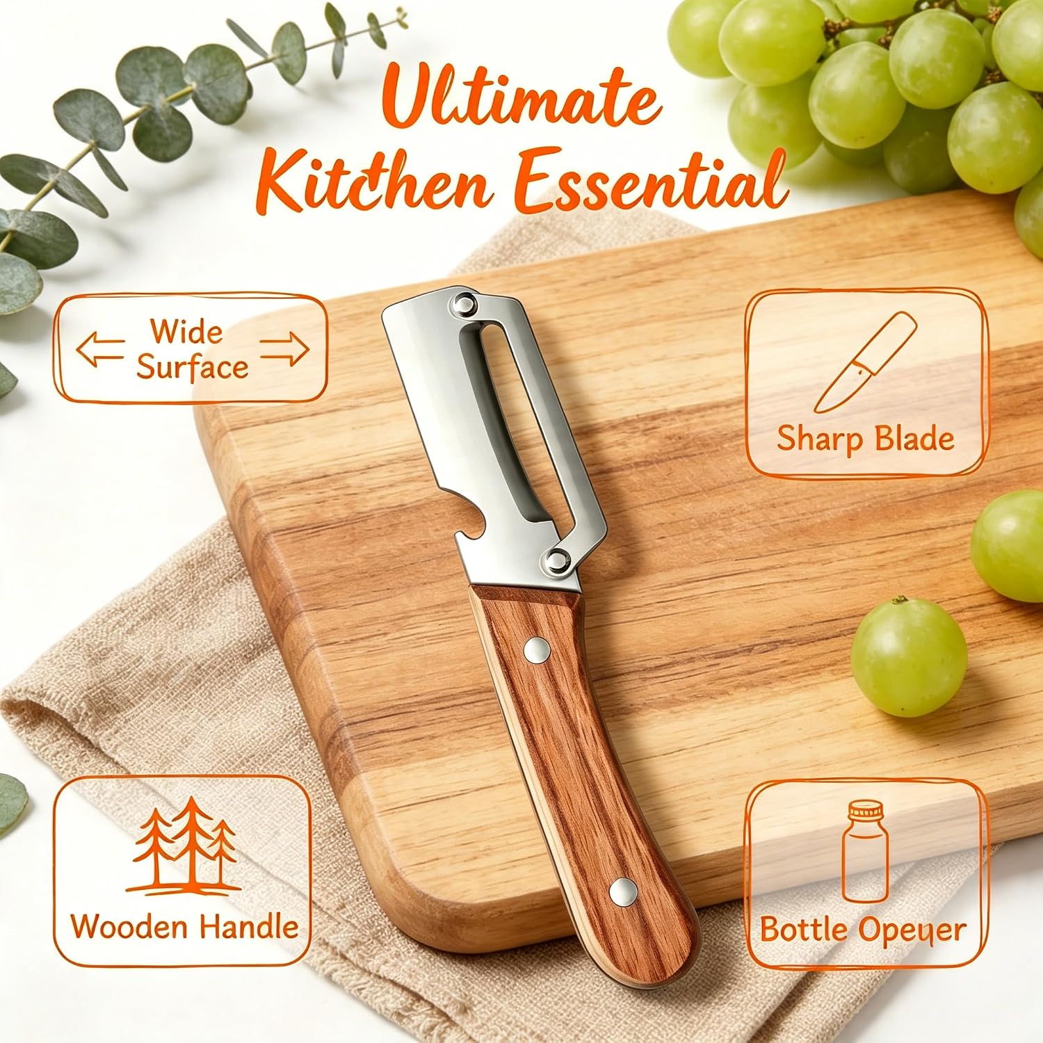 Vegetable Peeler 2 Pack, Multifunctional Stainless Steel Peeler with Wooden Handle and Bottle Opener - 2 in 1 Ultra