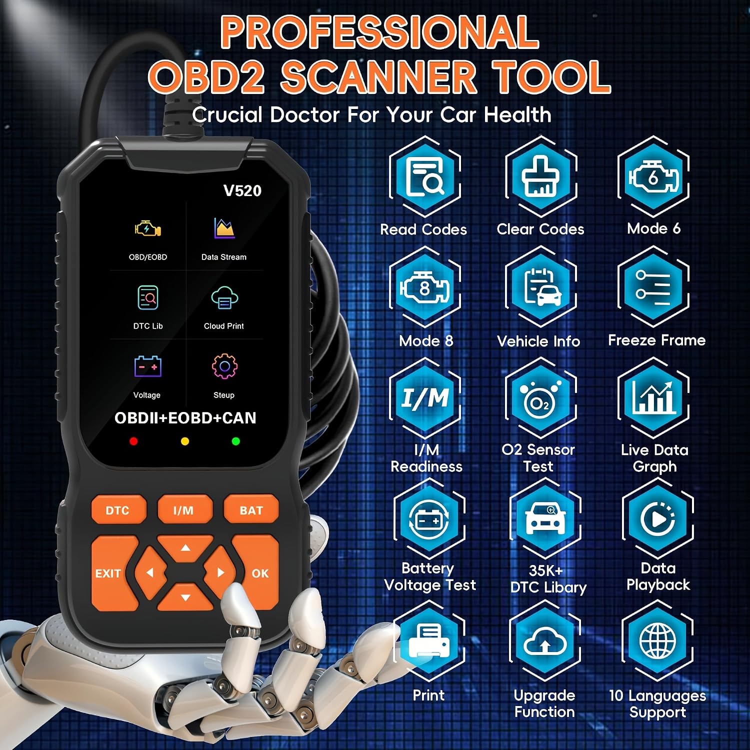 Professional V520 OBD2 Scanner – Advanced Car Diagnostic Tool with Live Data, Check Engine Reset, ABS/SRS Scan, Mode