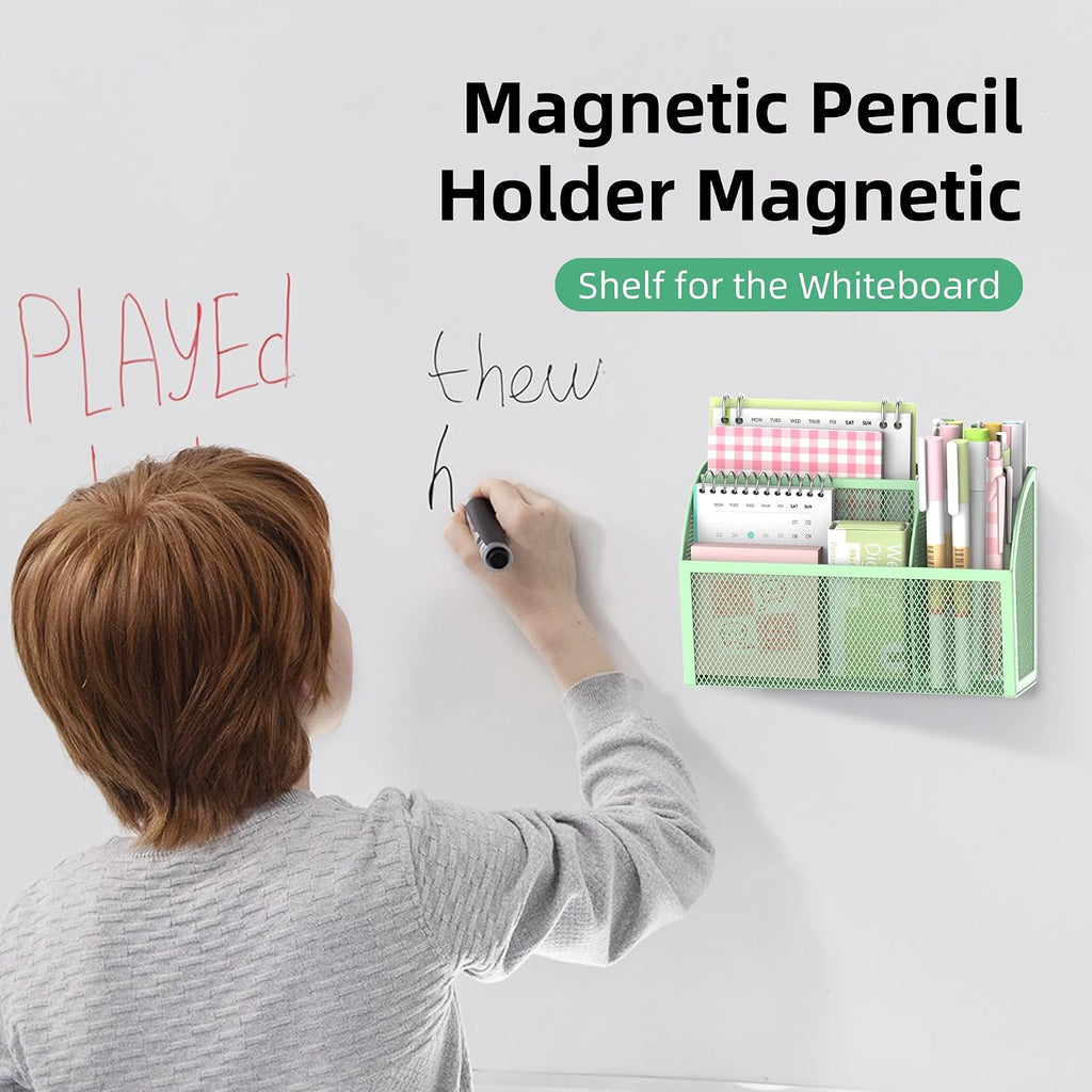 3-Grid Magnetic Pencil Holder, Strong Magnet Locker Organizer, Mint Green | Mesh Magnetic Shelf, Marker Holder