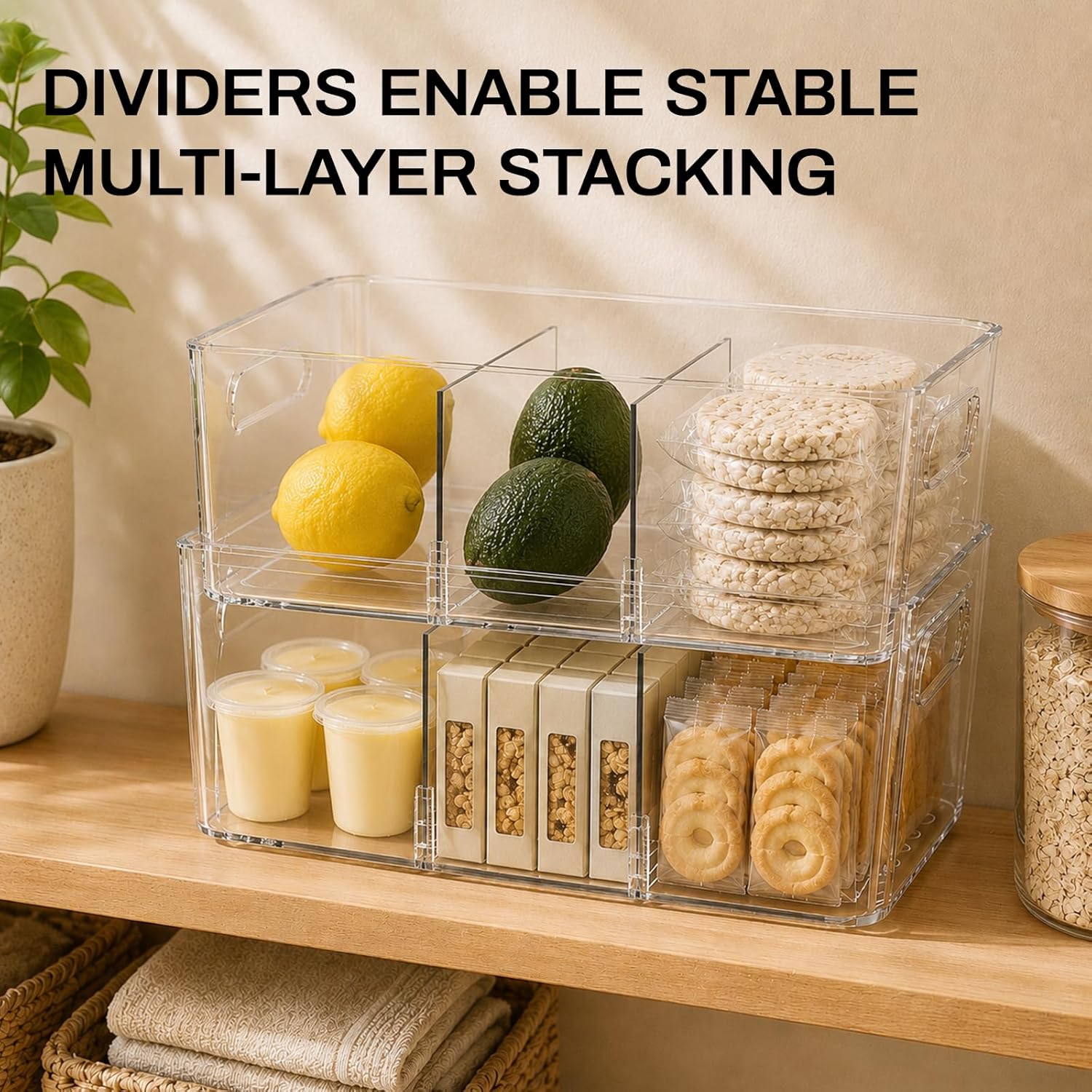 6 Pack Pantry Organizers and Storage,Clear Plastic Containers with 2 Dividers for Kitchen,Fridge Organization and