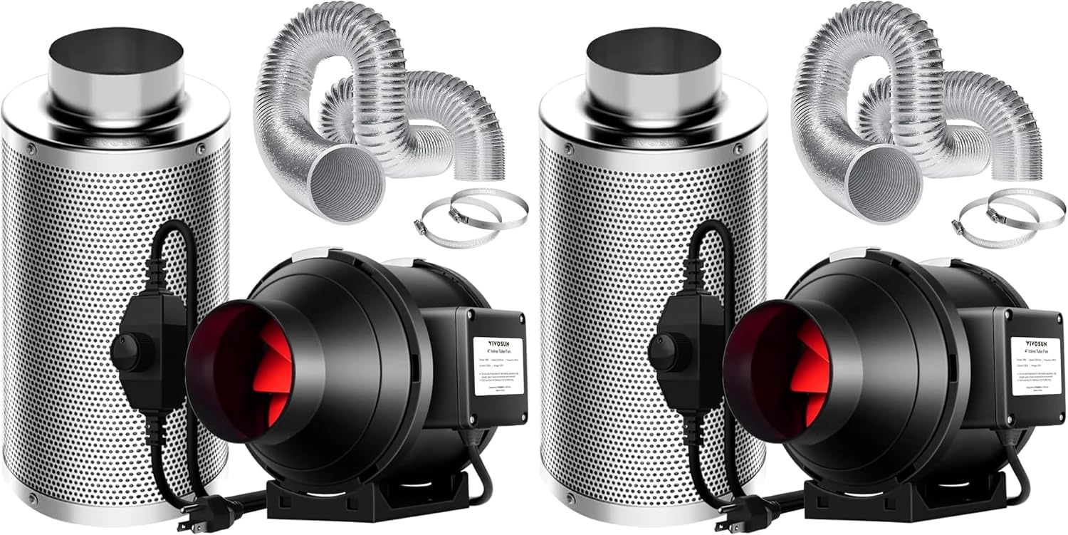 Grow Tent Ventilation System, 4 Inch Inline Duct Fan with Speed Controller, 4'' Carbon Filter, and 8ft. Ducting