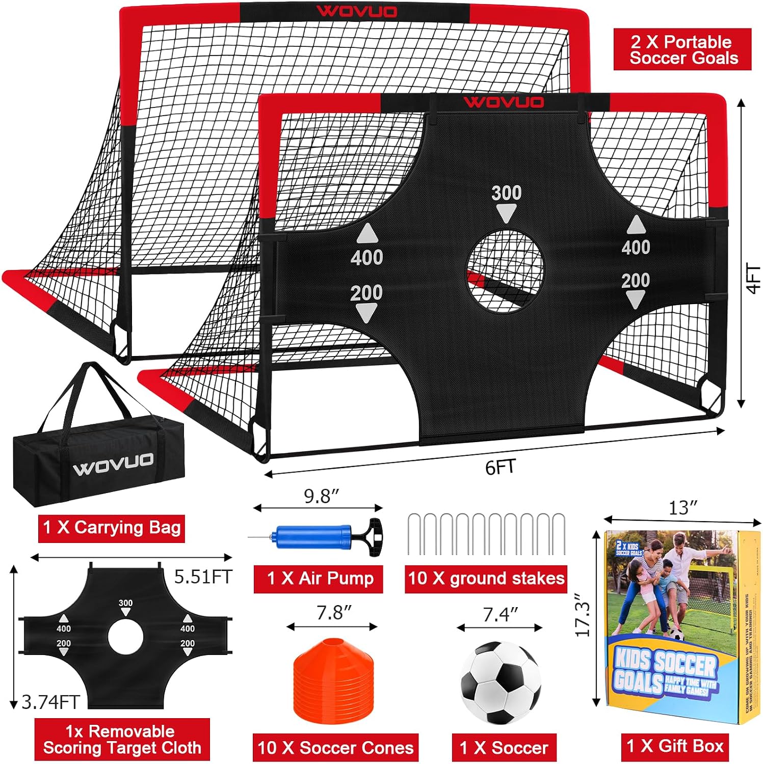 Kids Soccer Goals for Backyard Set of 2, 6x4 ft Portable Toddler Soccer Goal Training Equipment with Soccer Target