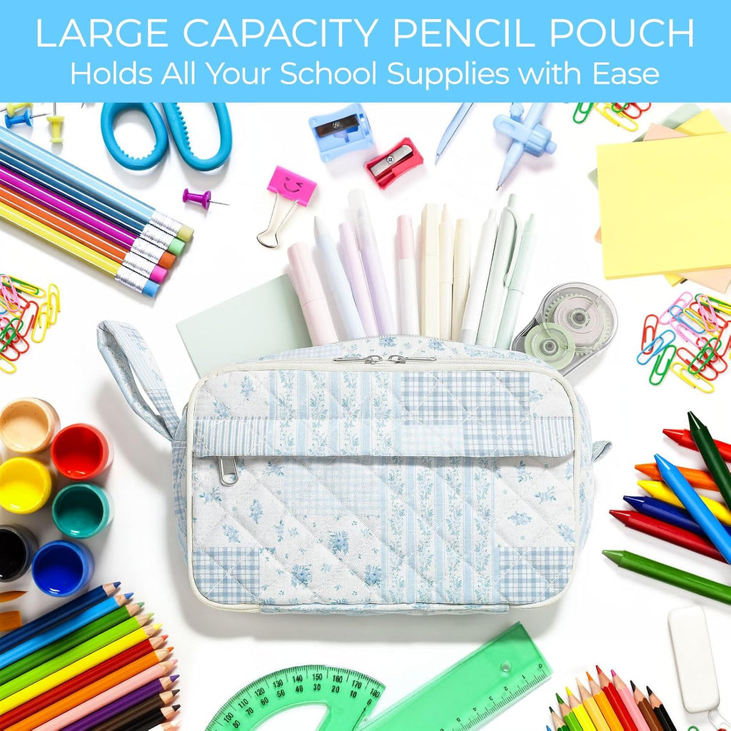 Quilted Pencil Pouch for Girls Women, Large Pencil Case Pouch with Compartments Cute Aesthetic Pencil Case Organizer