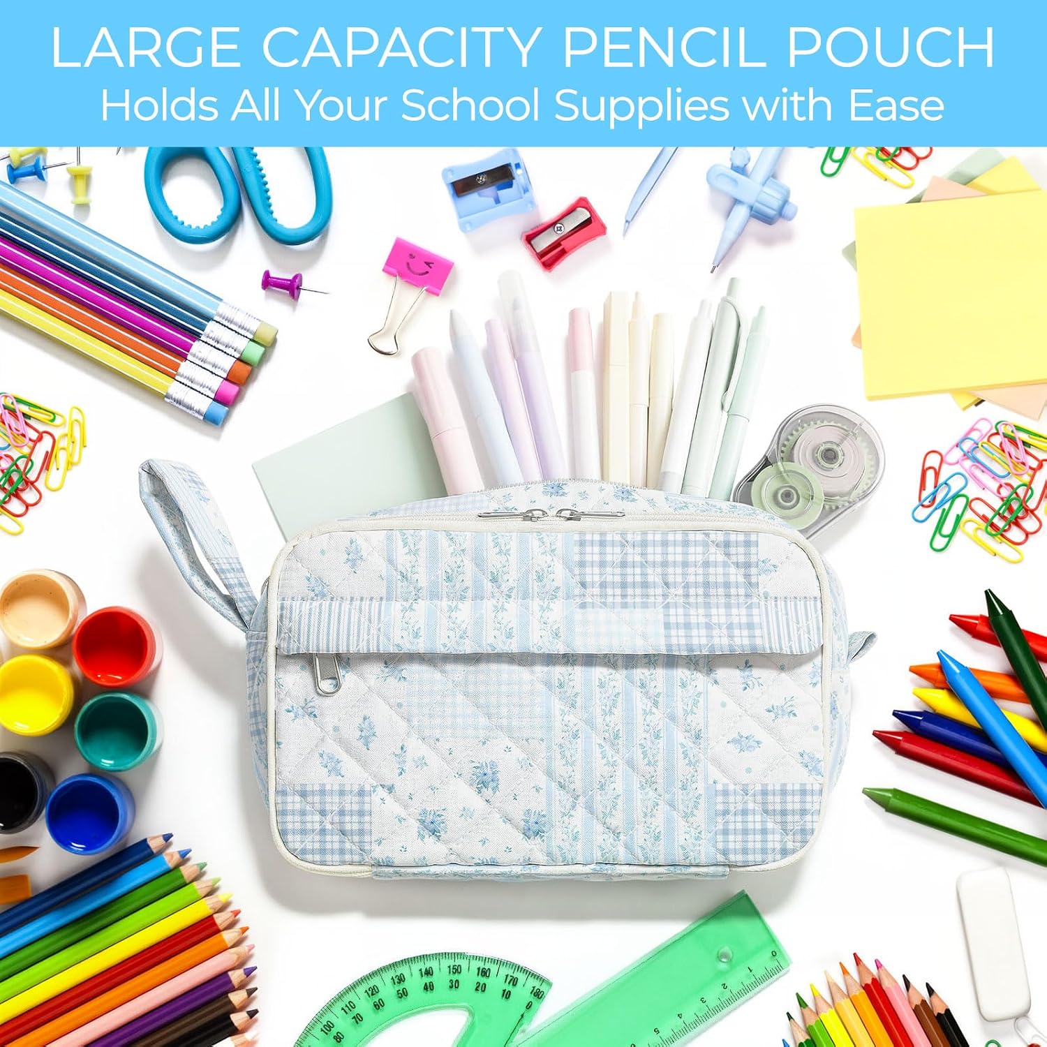 Quilted Pencil Pouch for Girls Women, Large Pencil Case Pouch with Compartments Cute Aesthetic Pencil Case Organizer