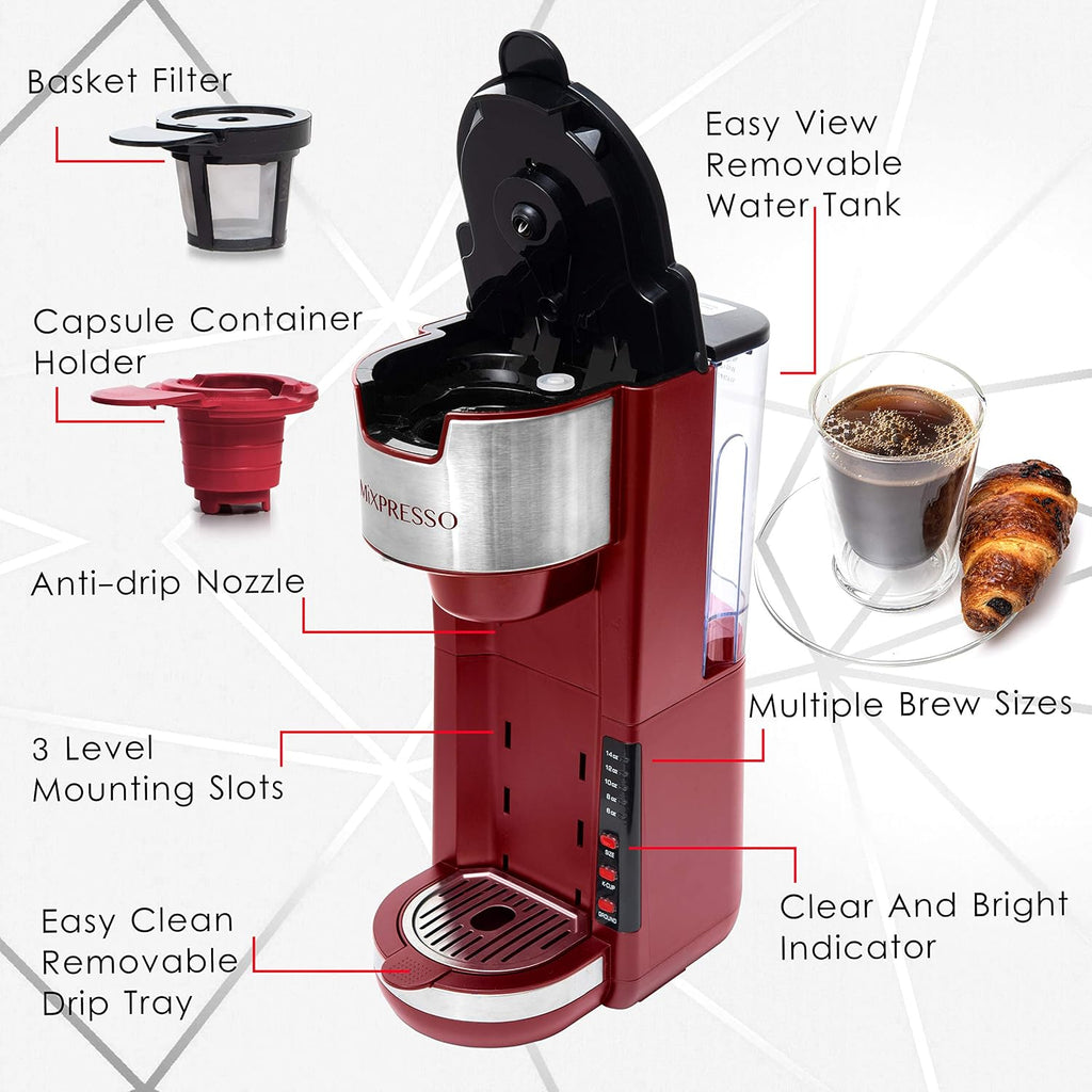 Red Single Serve Coffee Brewer K-Cup Pods Compatible & Ground | 30 oz Compact Coffee Maker Single Serve With 5 Brew