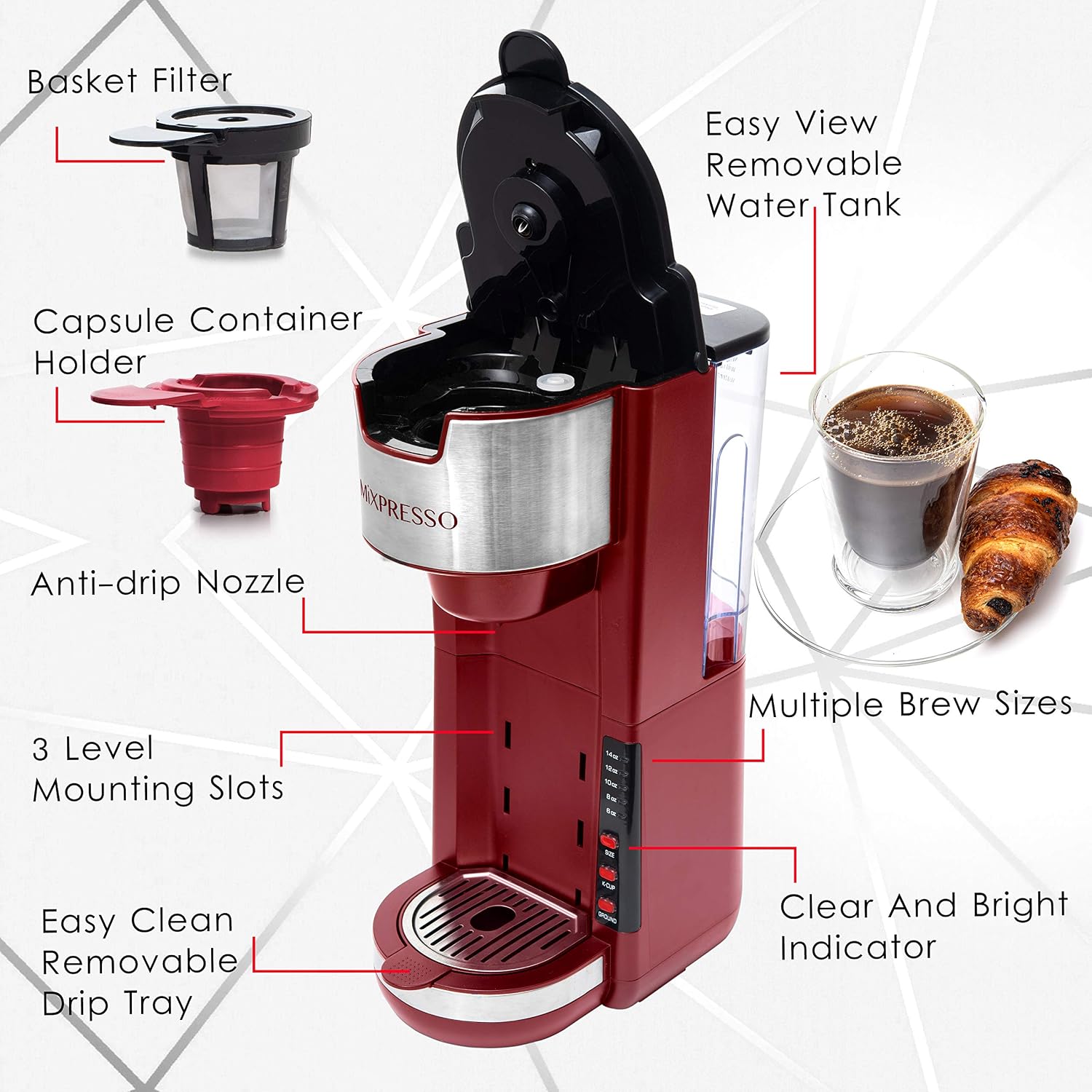 Red Single Serve Coffee Brewer K-Cup Pods Compatible & Ground | 30 oz Compact Coffee Maker Single Serve With 5 Brew
