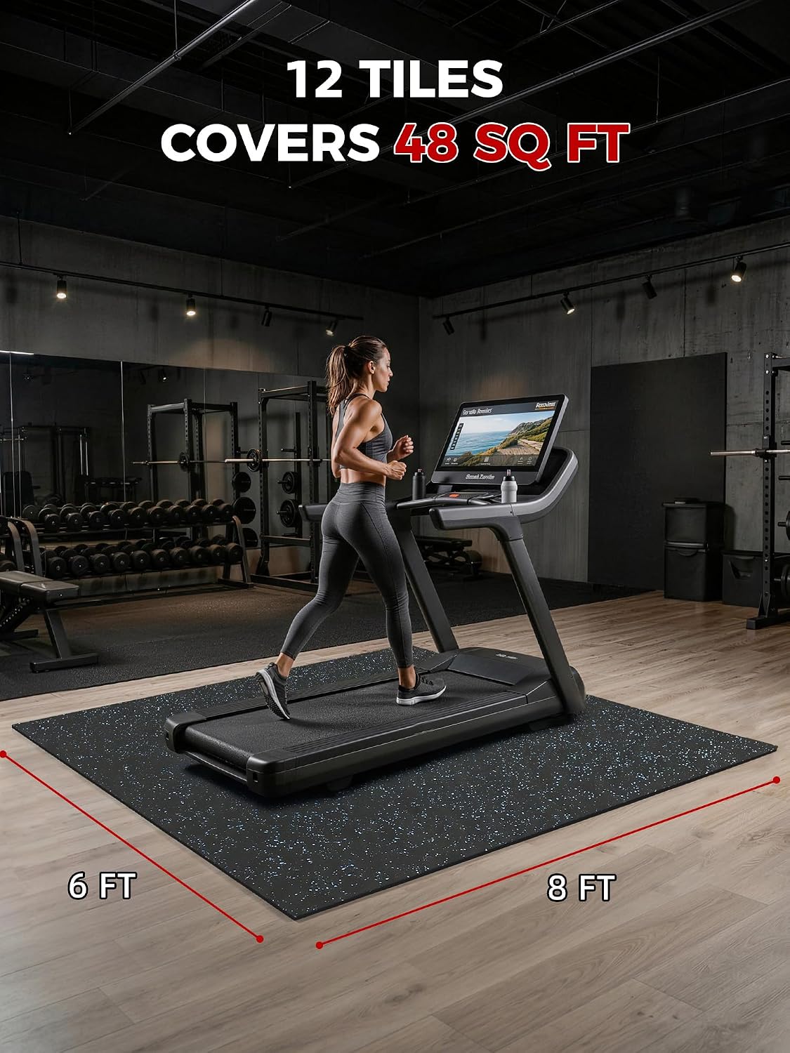 0.56in Thick 48 Sq Ft Exercise Equipment Mats, 12 Tiles Rubber Top EVA Foam Workout Mats, Interlocking Gym Flooring