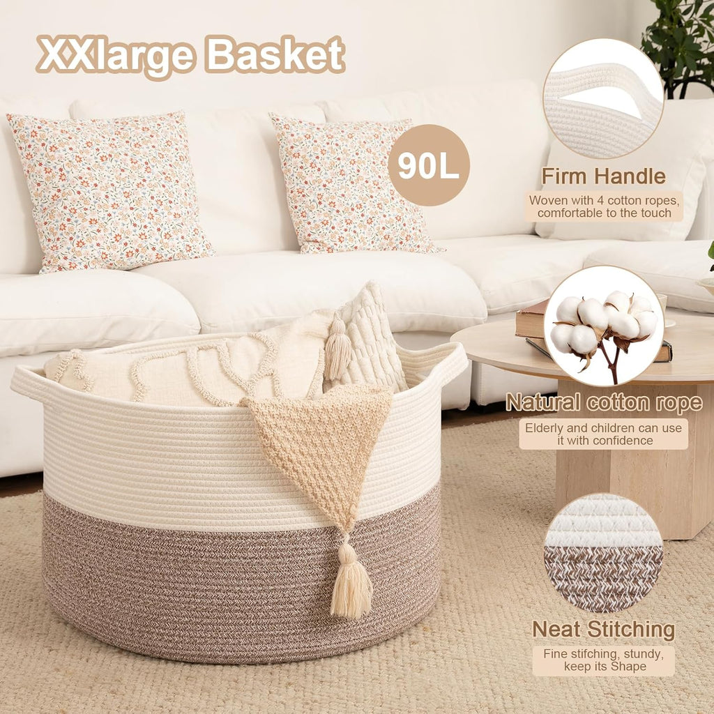 90L XXXLarge Blanket Basket for Living Room, 21.7" x 13.8" Woven Cotton Rope Laundry Basket for Organizing Pillows
