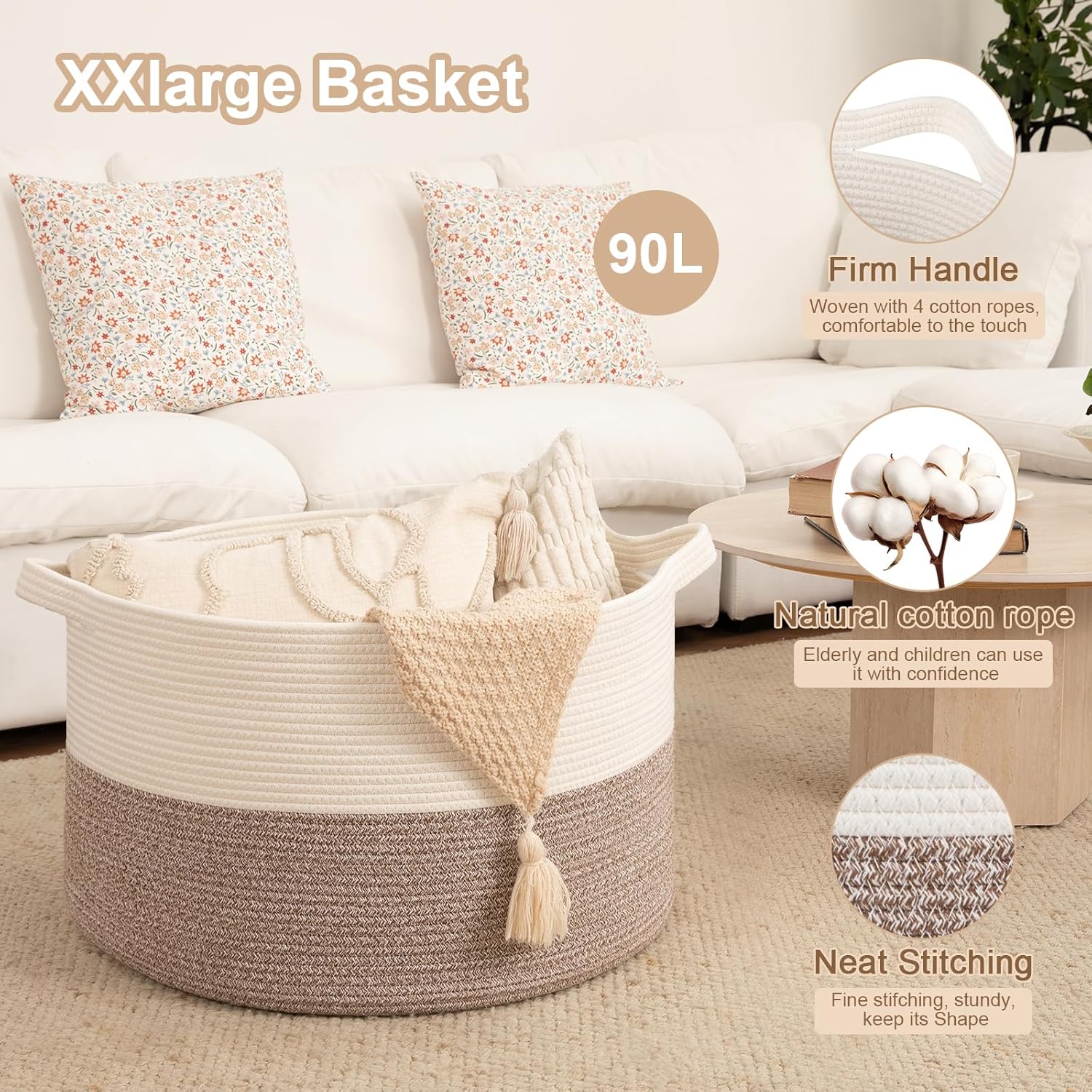 90L XXXLarge Blanket Basket for Living Room, 21.7" x 13.8" Woven Cotton Rope Laundry Basket for Organizing Pillows