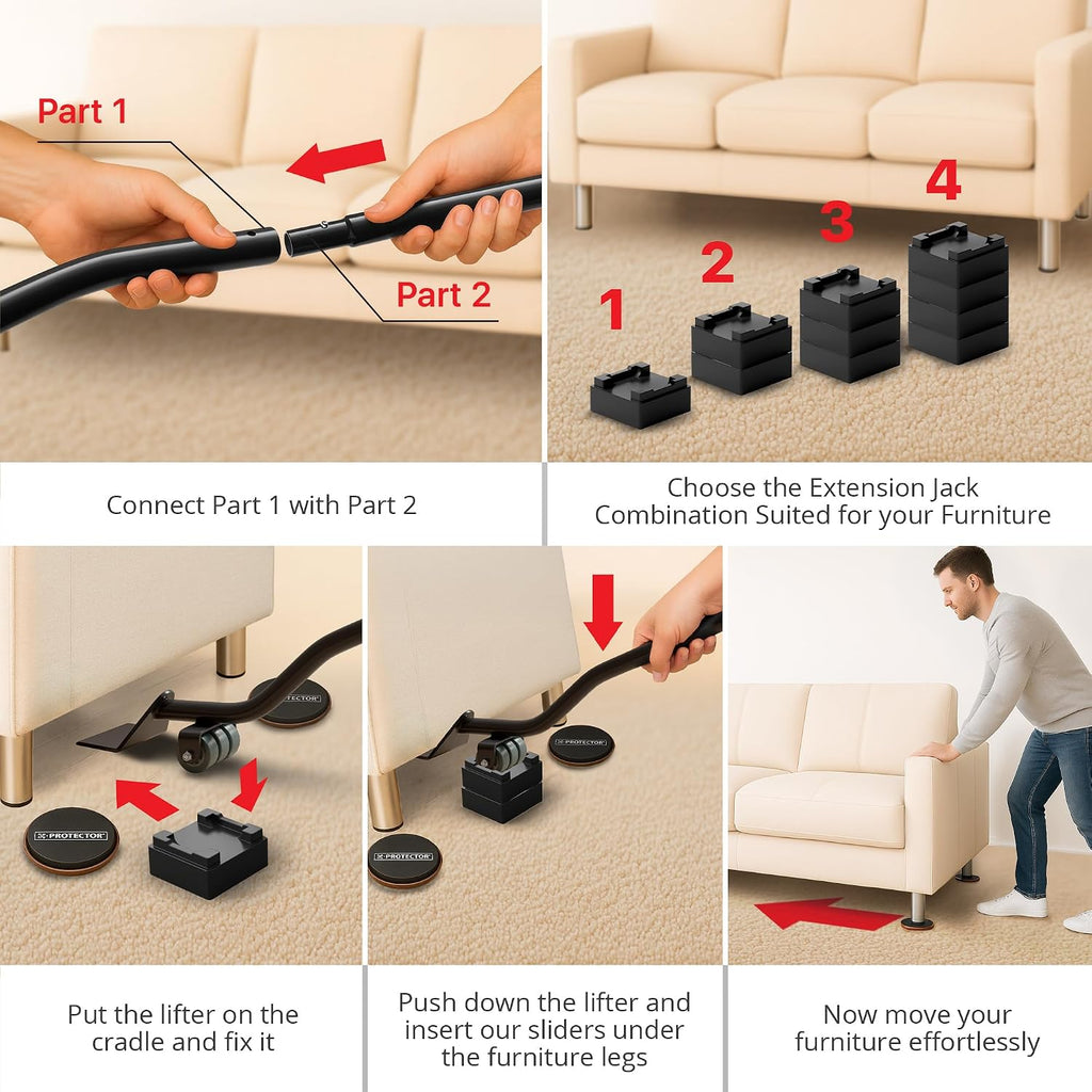 Multi-Surface Furniture Sliders & Furniture Lifter Tool Set | 4 PCS 5" Sliders for Furniture with Furniture Jack.